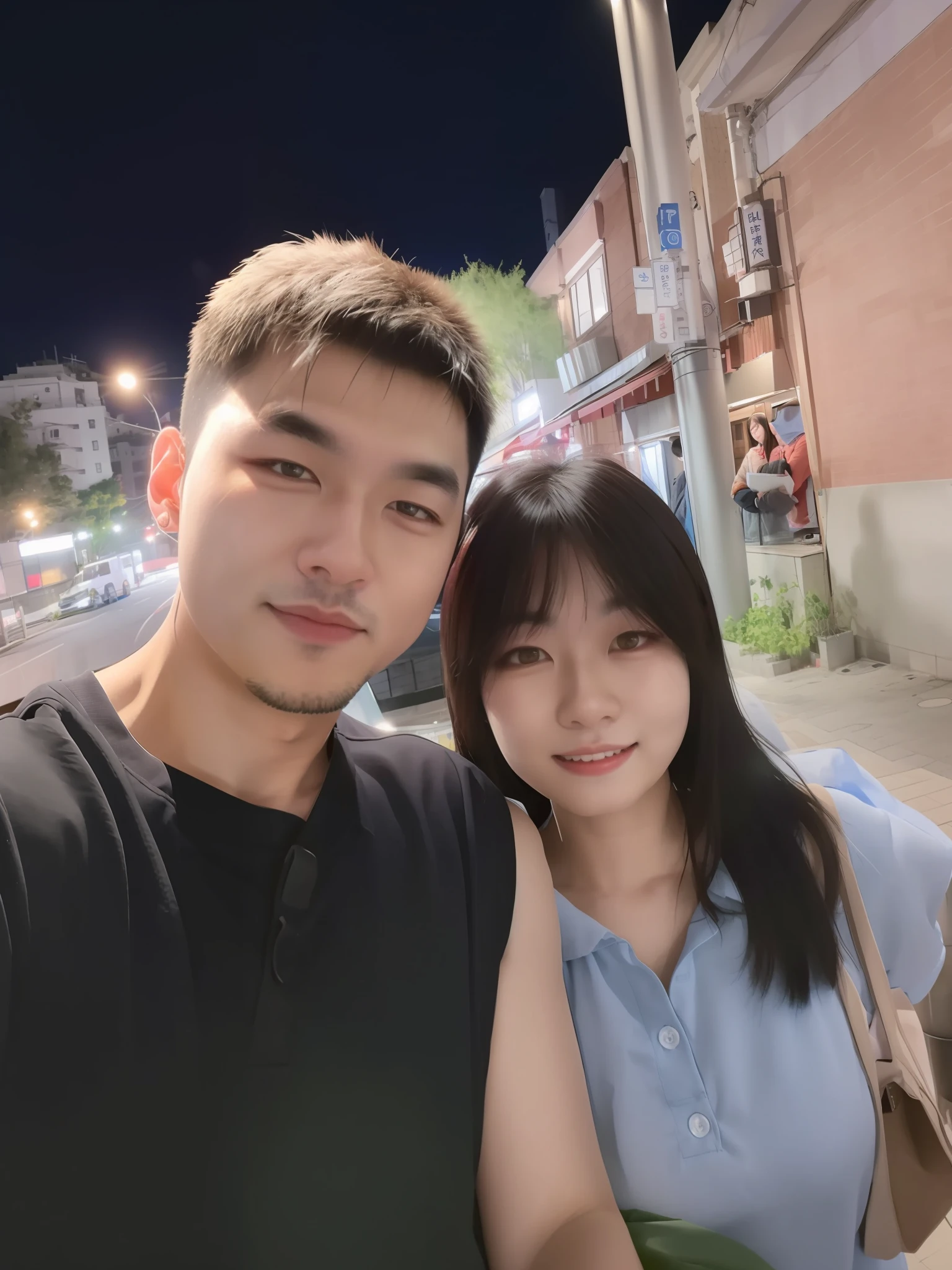 there is a man and woman standing next to each other on a street, 8k selfie photograph, Ruan Jia and Fenghua Zhong, cute couple, Happy couple, couple, in front of ramen shop, very very low quality picture, taken with sigma 2 0 mm f 1. 4, ruan jia and brom, night photo