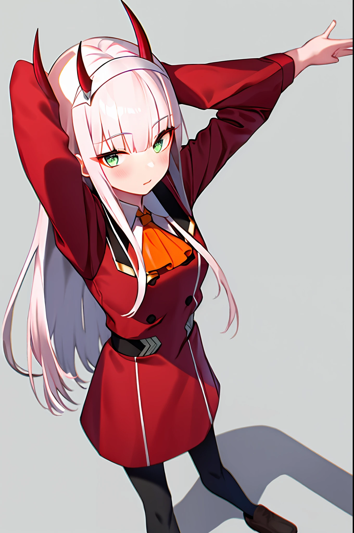 Zerotwo\(Dear in Franks\), Dear in Franks, 1girll, ascot, By bangs, blue backdrop, green-eyed, shairband, banya, The long-haired, Long sleeved, looking at viewert, red blous, Closed jacket, army suit, oni horn, orange ascot, Pink hair, Red horn, simple backgound, CRIT, 独奏, standing on your feet, 校服, white hair ribbon, ((tmasterpiece)),