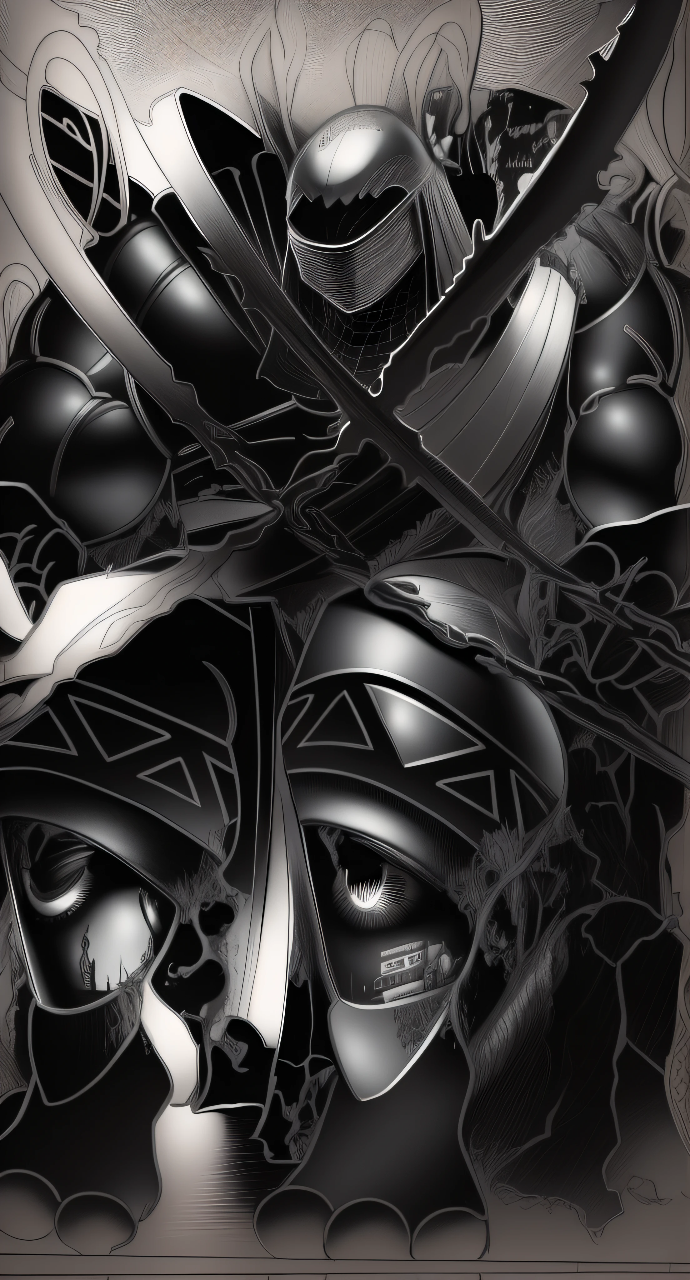 a drawing of a man with a sword in his hand, marvel japan coloring, Arte de linha intensa, hyper detailed manga drawing, inspirado por Rob Liefeld, Desenho de quadrinhos da Marvel, sombreamento de tom de tela, em Berserk Manga, arte de linha hiper detalhada, black and white manga panel, Desenho detalhado de linhas a tinta limpa, tinta extremamente fina lineart