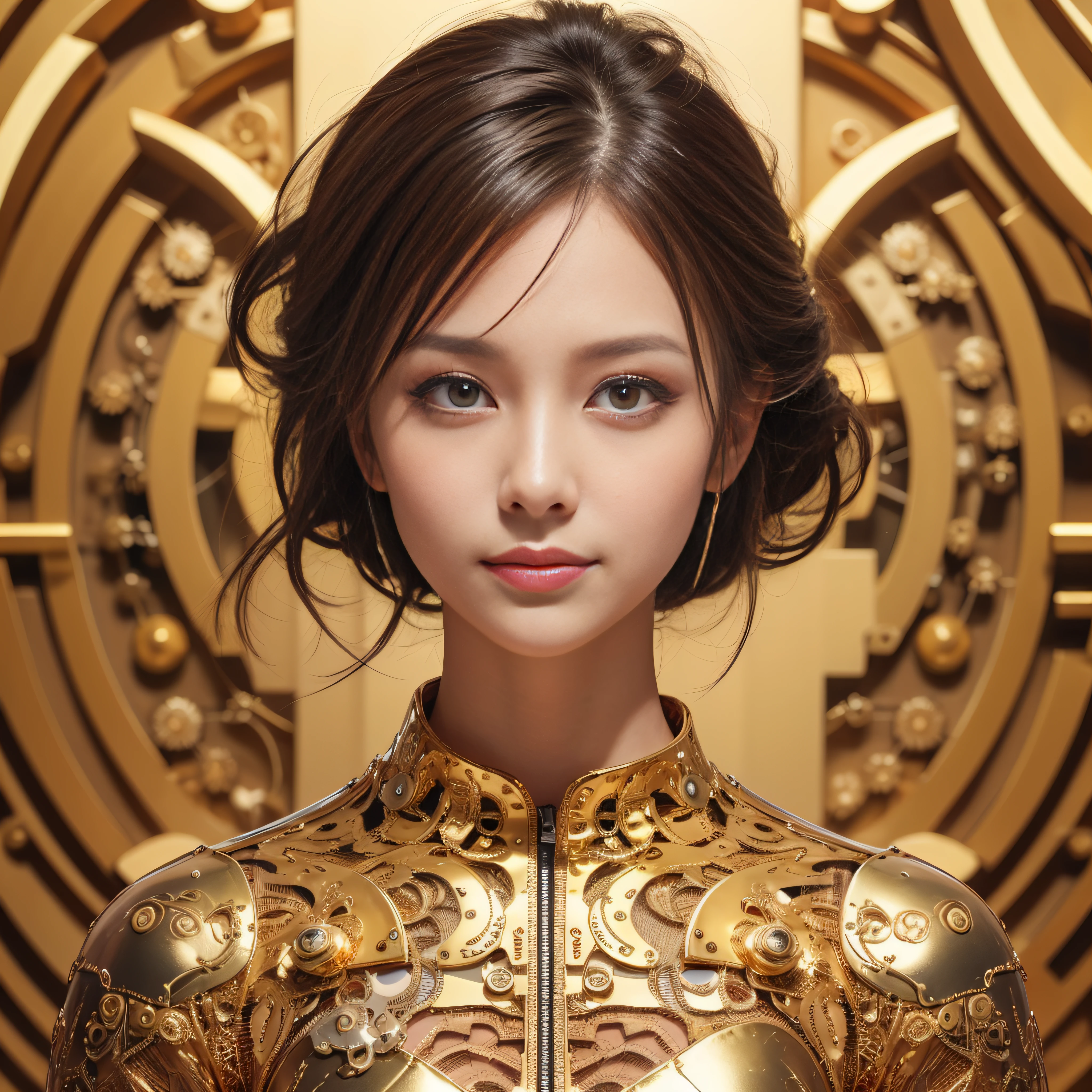 human face、Real Face、Lifelike face、Beautiful 27-year-old woman、ligh brown hair、Fashion Hairstyles、Brown-eyed、Brown eyeballs、A slight smil、The background is real metallic high-octane