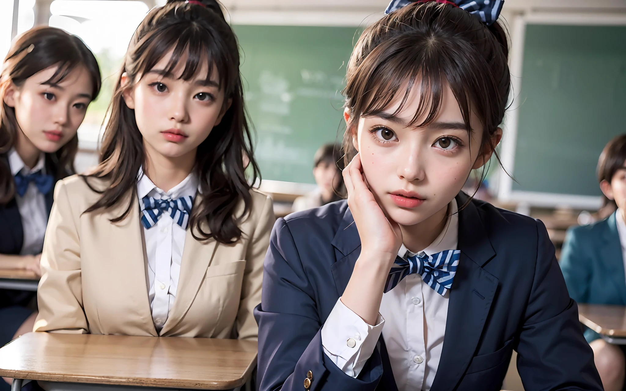 ((masterpiece))), (((finely best quality))), ((ultra-detailliert)), (A hyper-realistic), (High Definition CG Illustration), Cinematic Light, Hphotorealistic,Very beautiful 16 years old、((Multiple students in the background、In class))、((The upper part of the body))、((Good anatomy:1.2))、((Dark blue blazer:1.2))、((High school girl taking a lesson in a classroom:1.2))、((serious facial expression、Very red cheeks))、((dark brown hair、Ponytail hair))、Detailed eye、A detailed face、kawaii、Beautiful skins、((a bow tie))、Detailed fabric texture、(Japan Schools、Bright classroom、Multiple students、Random Face、blur backgroun)、Soft light、Don't expose it