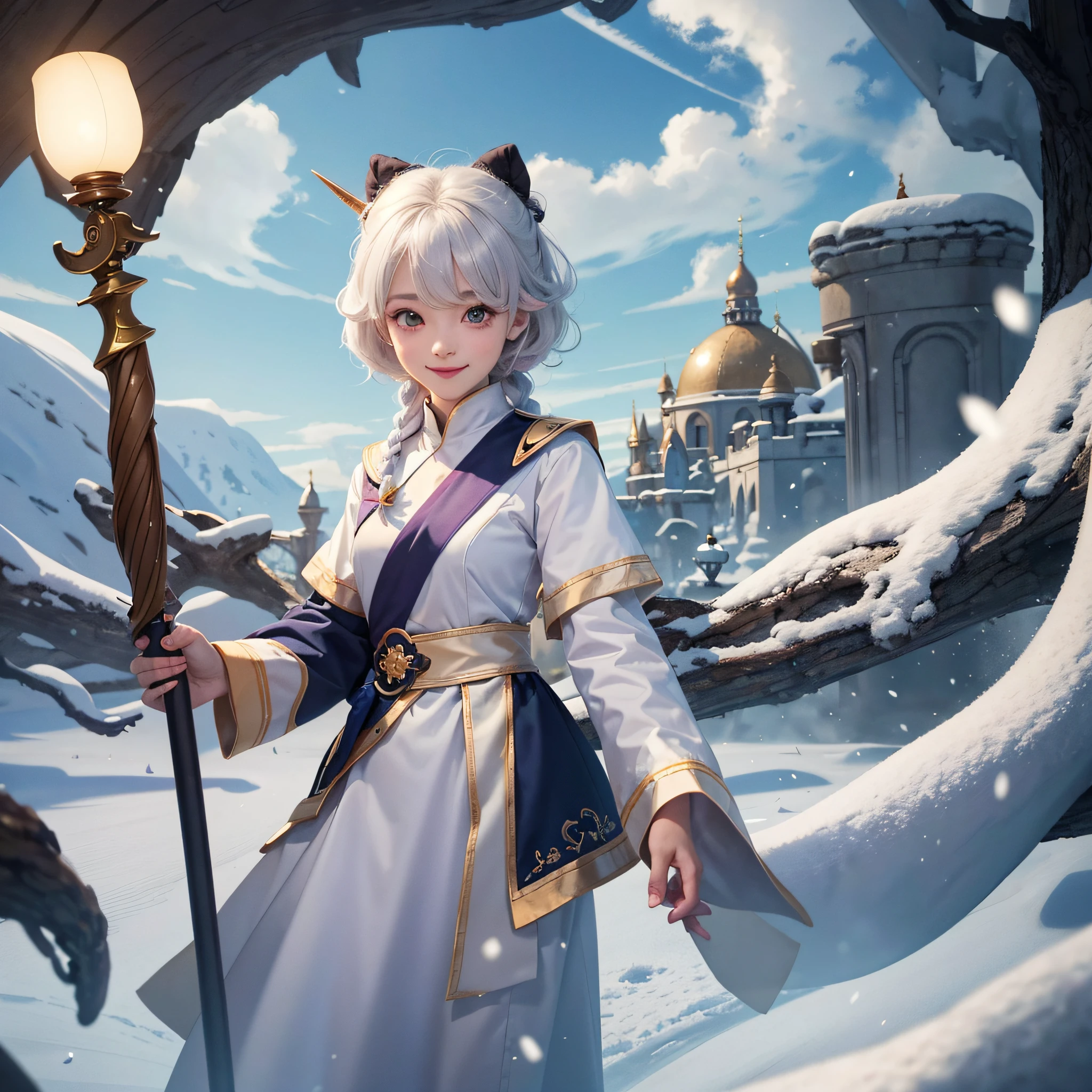 There's one ultra-realistic girl。She has a slender physique、Height is 155 cm。Her hair has a pale pink color and、The hairstyle has twin tails。Hair is smooth、Blowing in the wind。A spiral horn grows from her head.、Luxurious ornaments complement the corners around it。Her eyes are a beautiful purple.、Staring at this。Her nose wasn't that high.、It has shiny pink lips。With a smile on your face、I can see my teeth.。A red ribbon flutters from her neck in the wind.。She is wearing a cheongsam based on white.、The pattern has a green color。pure、Shoulders are loose。For the lower half of the body, I wear long pants that are easy to move in pink.。A red band is visible from the waist。She is holding her fist.、There are 5 fingers on both sides.。The background is in the wilderness forest、High mountains々and the lake is visible in the distance。It's from the camera's point of view.、Smiling embarrassedly。