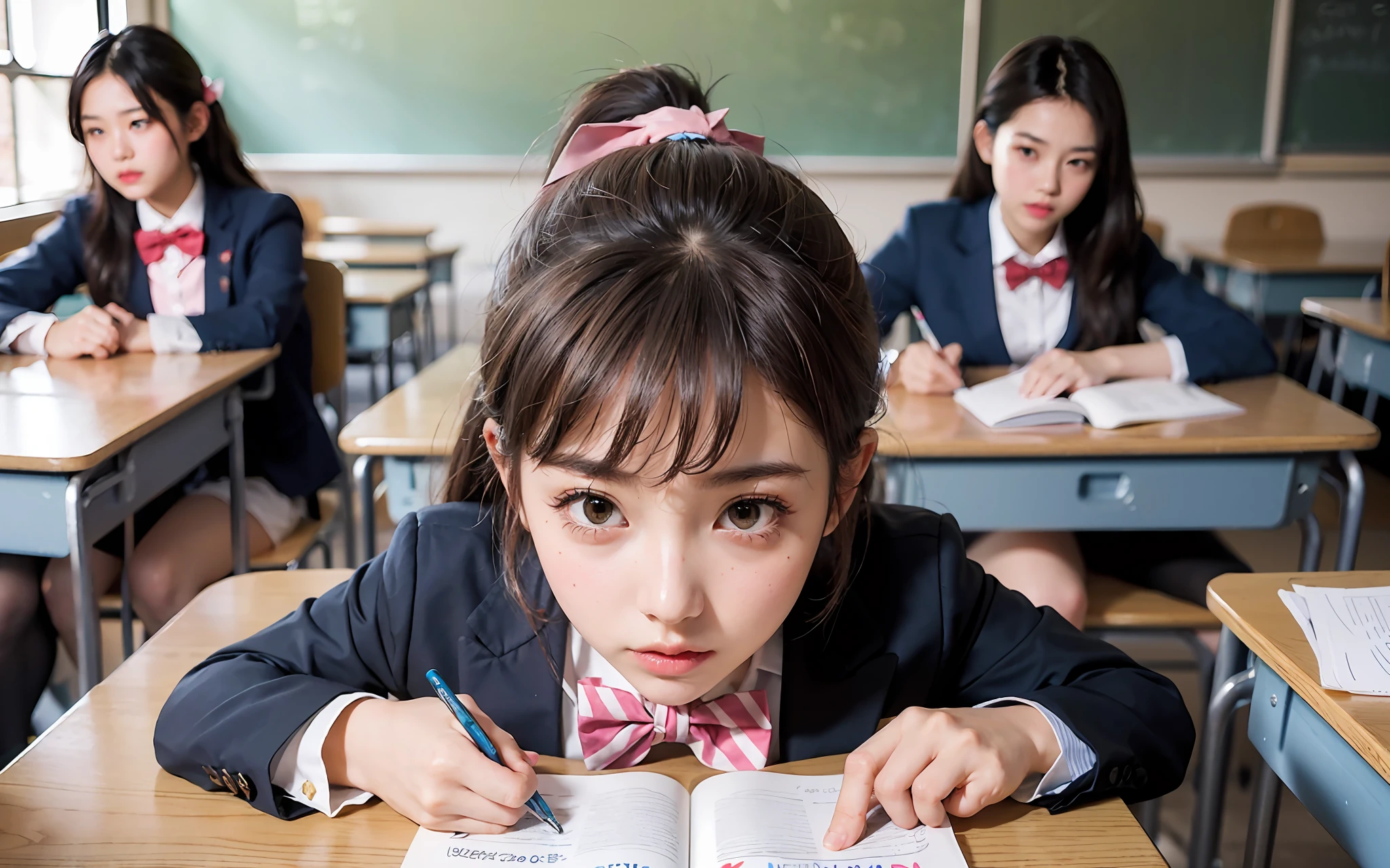 ((masterpiece))), (((finely best quality))), ((ultra-detailliert)), (A hyper-realistic), (High Definition CG Illustration), Cinematic Light, Hphotorealistic,Very beautiful 16 years old、((Multiple students in the background、In class))、((The upper part of the body))、((Good anatomy:1.2))、((Dark blue blazer:1.2))、((High school girl taking a lesson in a classroom:1.2))、((serious facial expression、Very red cheeks))、((dark brown hair、Ponytail hair))、Detailed eye、A detailed face、kawaii、Beautiful skins、((a bow tie))、Detailed fabric texture、(Japan Schools、Bright classroom、Multiple students、Random Face、blur backgroun)、Soft light、Don't expose it