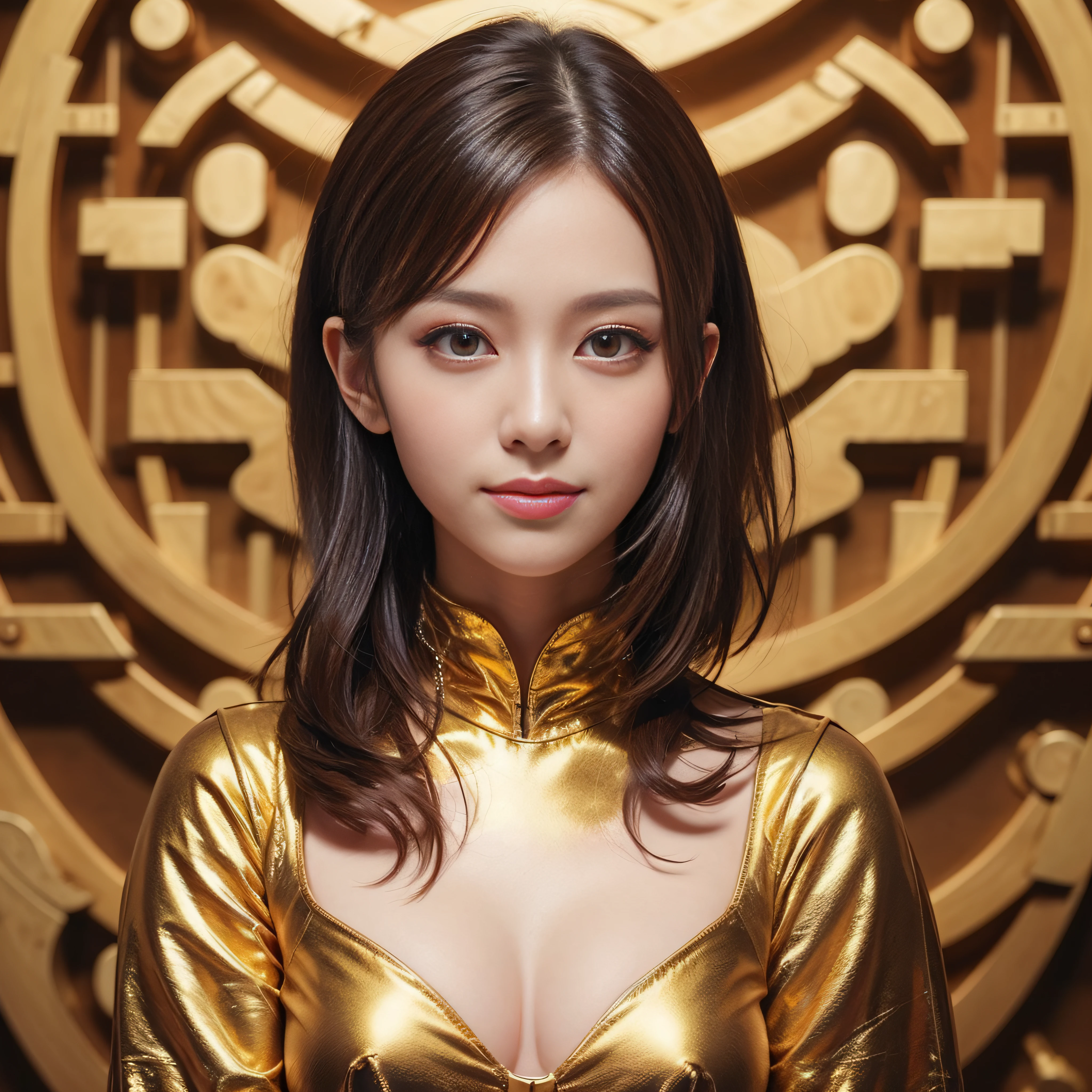 human face、Real Face、Lifelike face、Beautiful 27-year-old woman、ligh brown hair、Fashion Hairstyles、Brown-eyed、Brown eyeballs、A slight smil、The background is real metallic high-octane