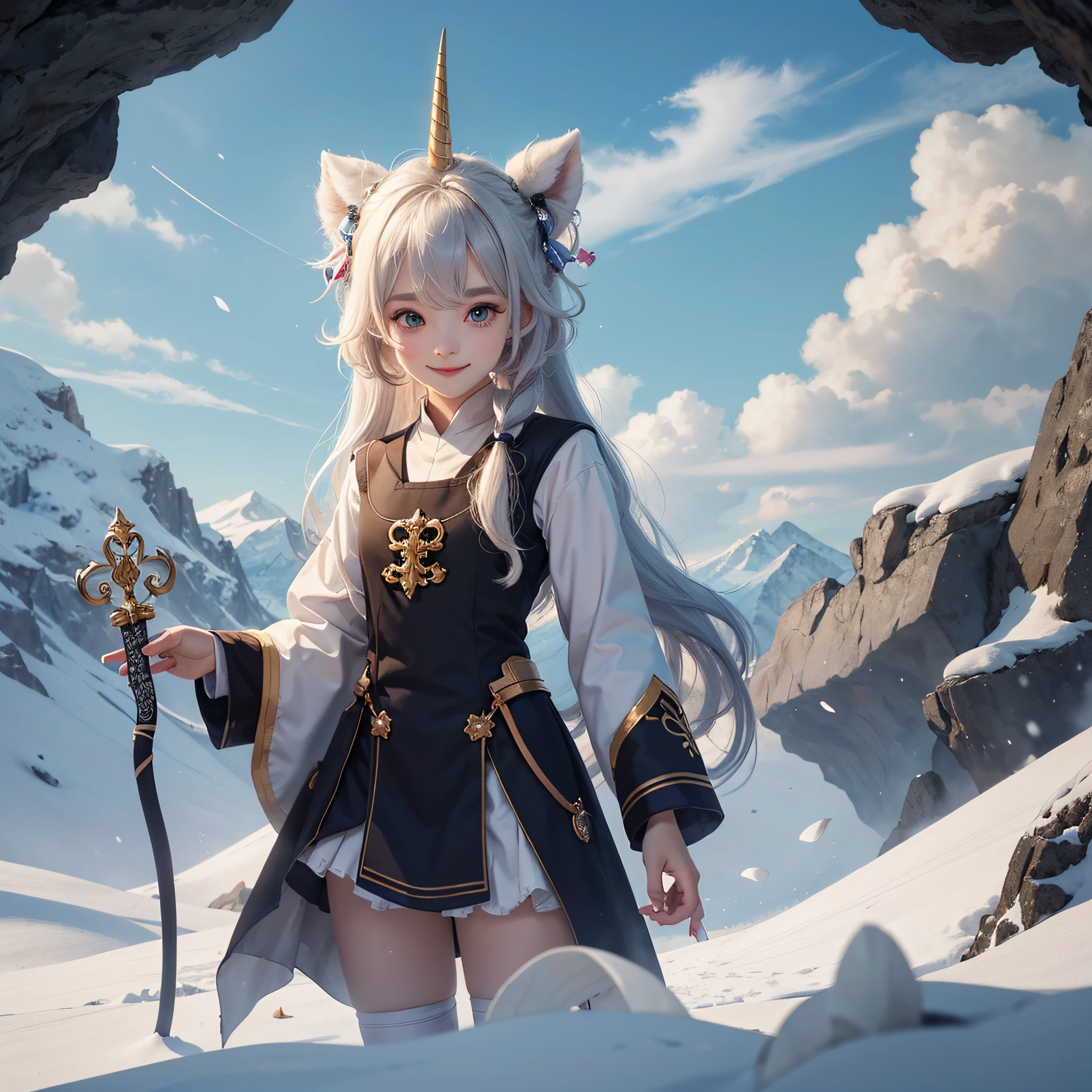 finely best quality, masterpiece, high-level image quality, 1girl in、Unicorn horns1Boken、snow-white hair、Beautiful fece、Twin-tailed、a picture, hight resolution, 4K, 8K, Society Sisters、Monastic cap、Monastic uniforms、Hold the wand、Looking at the camera、A smile、great outdoors