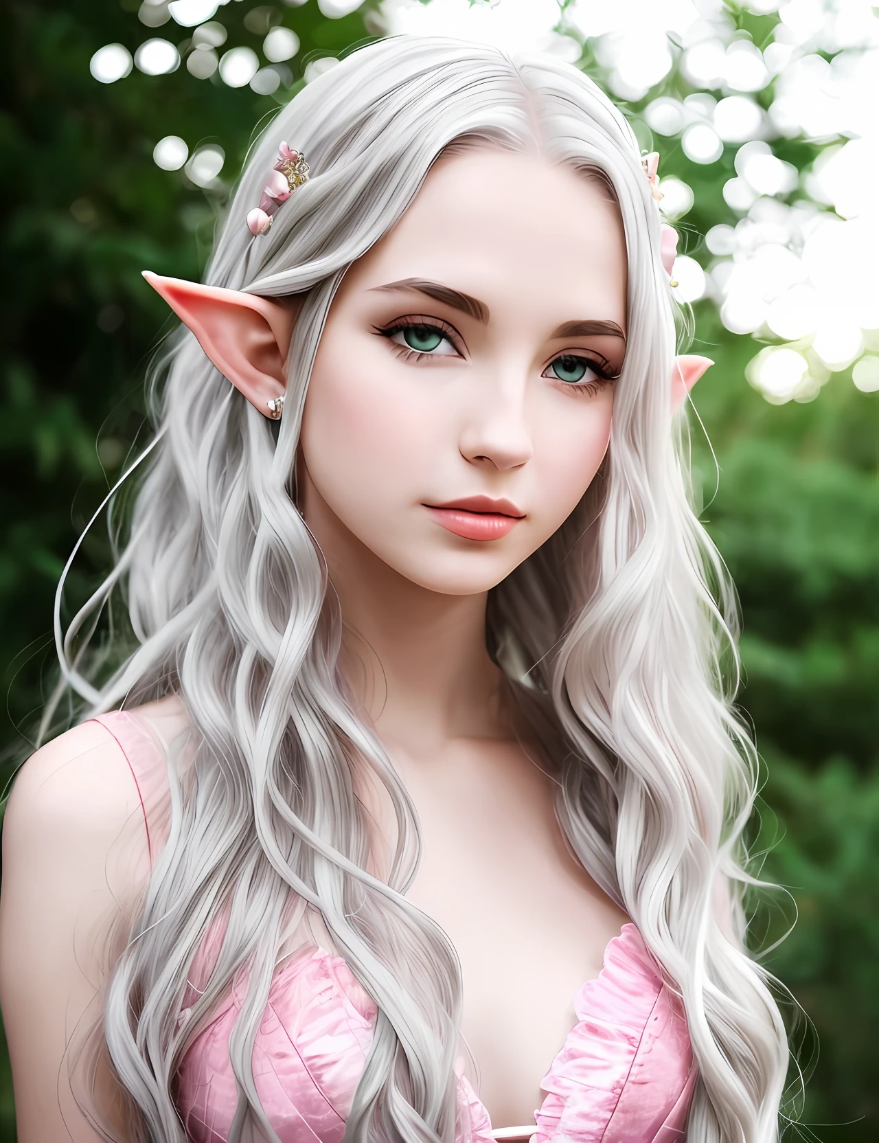 The girl elf has white hair and seductive