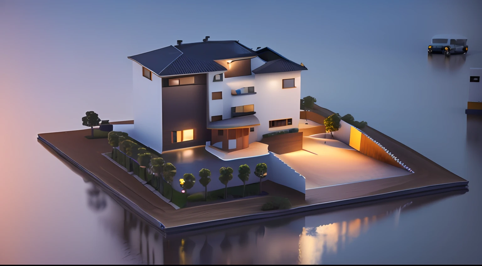 Alafid view of a house,There was a car parked in front, isometric perspective view, multistory building, 3 d rendered, 3D rendering of, 3d rendered model, full building, architectural render, architecture render, vue 3d render, an extremely detailed building, rendered 3d model, isometric 3d render, complex 3 d render