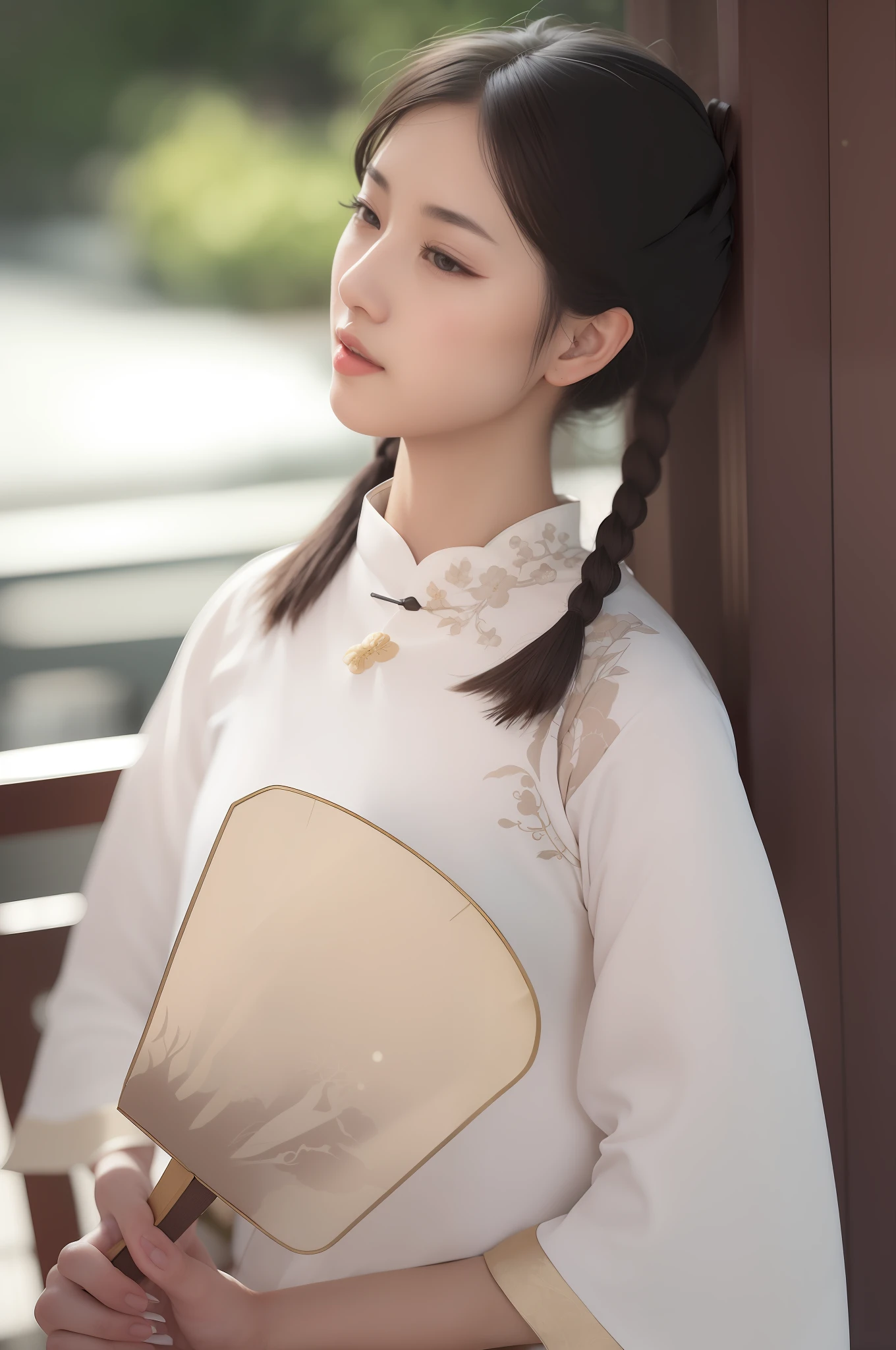 there is a woman that is holding a fan in her hand, palace ， A girl in Hanfu, Traditional Chinese clothing, White Hanfu, Wearing ancient Chinese clothes, with acient chinese clothes, Hanfu, with ancient chinese aesthetic, Chinese traditional, Inspired by Qiu Ying, inspired by Zhan Ziqian, Inspired by Tang Yifen