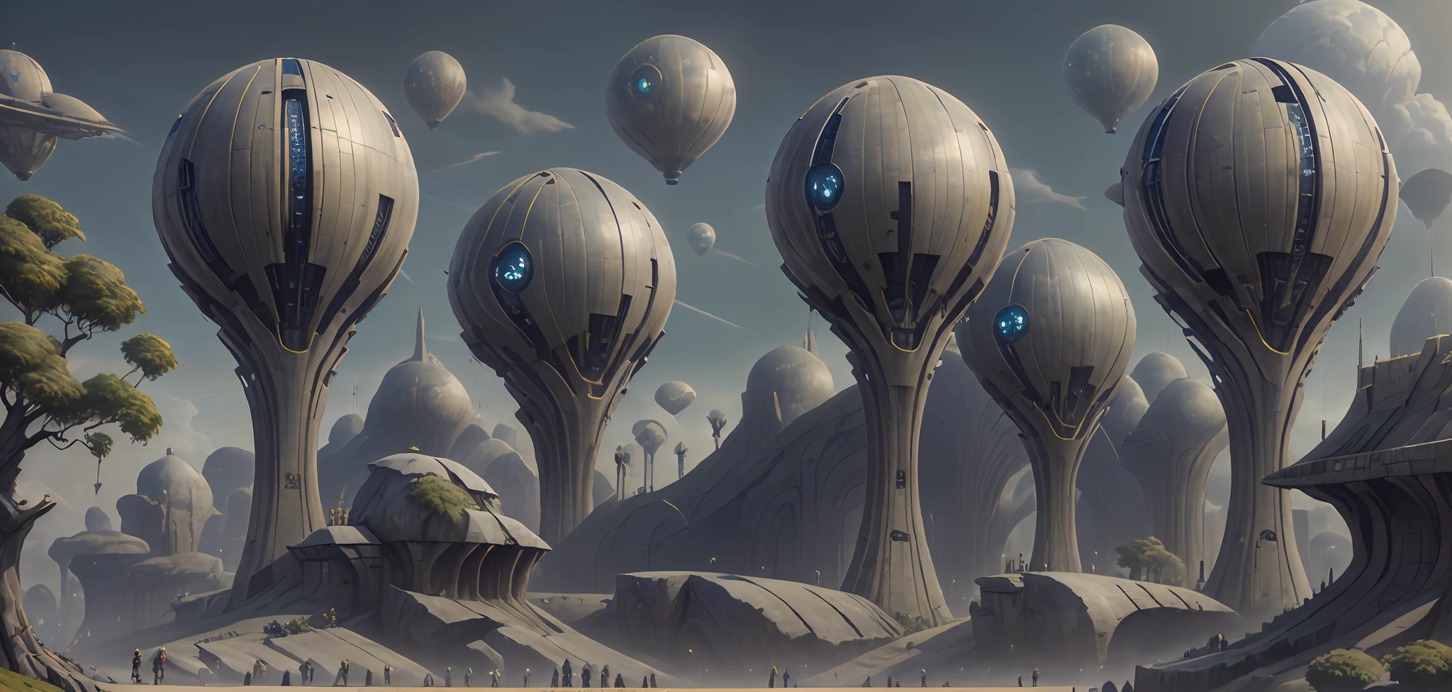 Stylized concept art, stunning arcanum backdrop, fantastic screenshot art, ultra wide gameplay screenshot, gigantic landscape!, lush alien landscape, colorful concept art, alien forest in background, made of tree and fantasy valley, epic landscapes, epic environment, Flying Island in the Sky, background artwork，Magnificent castle，Huge spaceship，cyber-punk