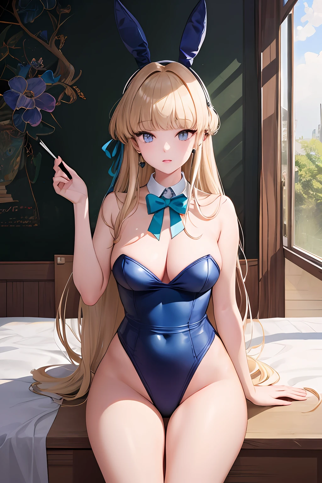 (((​masterpiece、finely best quality、finely best quality、Official art、Beautifully Aesthetic:1.5)))、(1girl in:1.3)、highly-detailing、(((Blue High Leg)))、(((Blue Bunny Girl)))、Rabbit ears、White rabbit tail、(Fractal Art:1.1)、highestdetailed、(Zentangle:1.2)、(((School Background:1.3)))、a blond、(shinny skin)、(Many colors:1.4)、((large full breasts))、Sheer areol、Asuka horse Toki