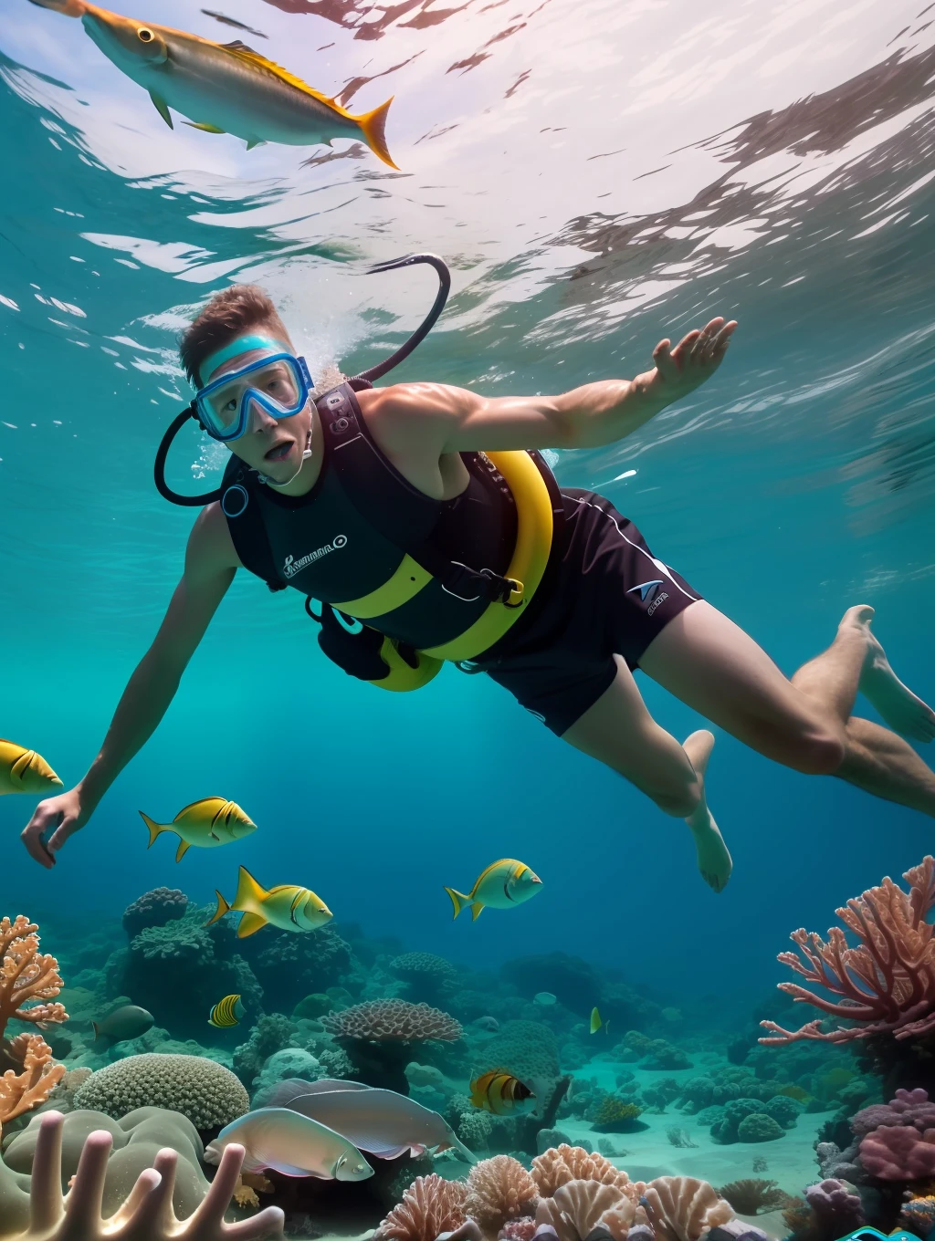 A full wide shot of a young Australian man with snorkeling gears dives after chitala fishes in a pool. bright pastel colors, cinematic comedy 8k --ar 16:9 --v 5.2 --s 750