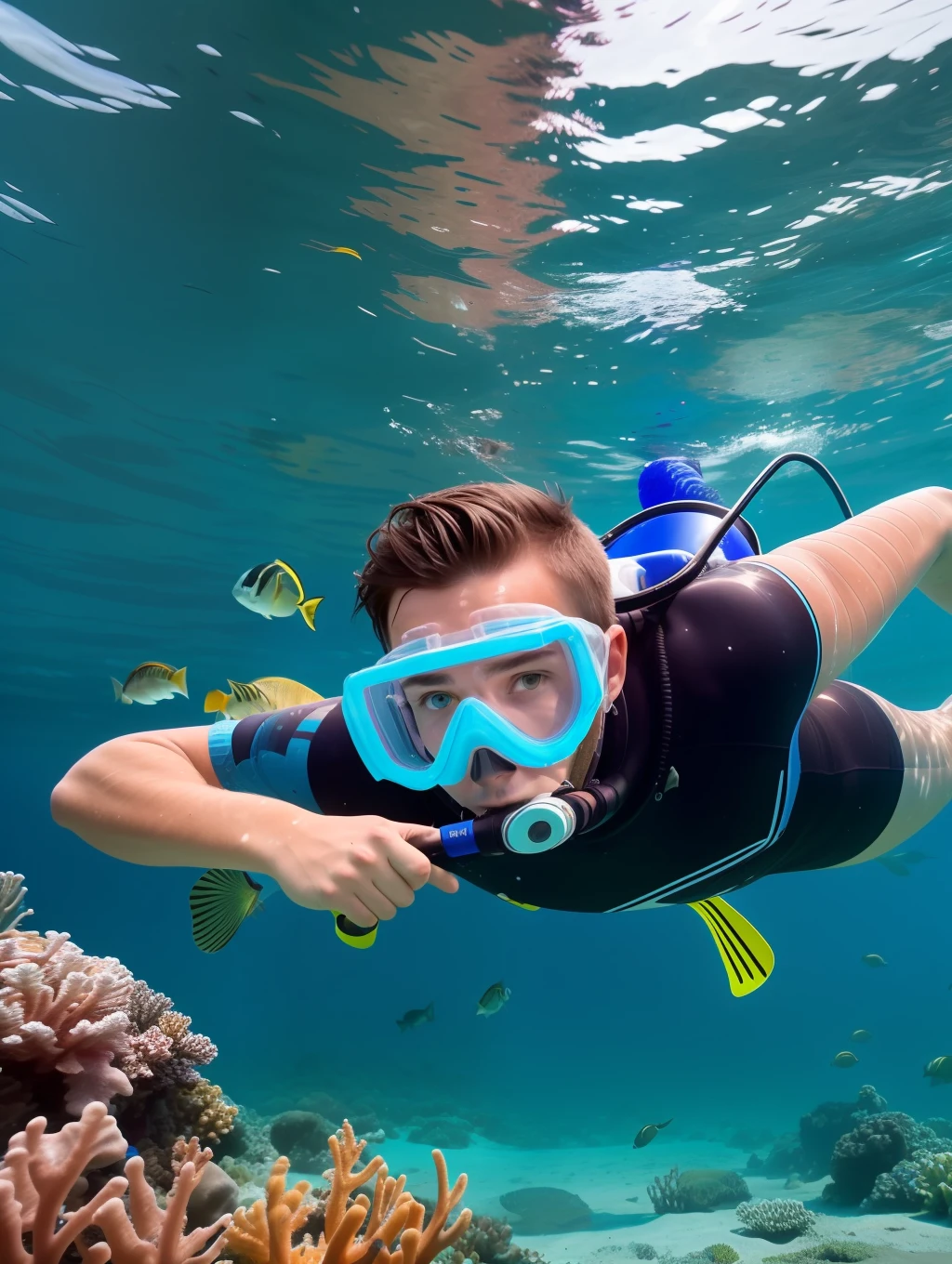 A full wide shot of a young Australian man with snorkeling gears dives after chitala fishes in a pool. bright pastel colors, cinematic comedy 8k --ar 16:9 --v 5.2 --s 750