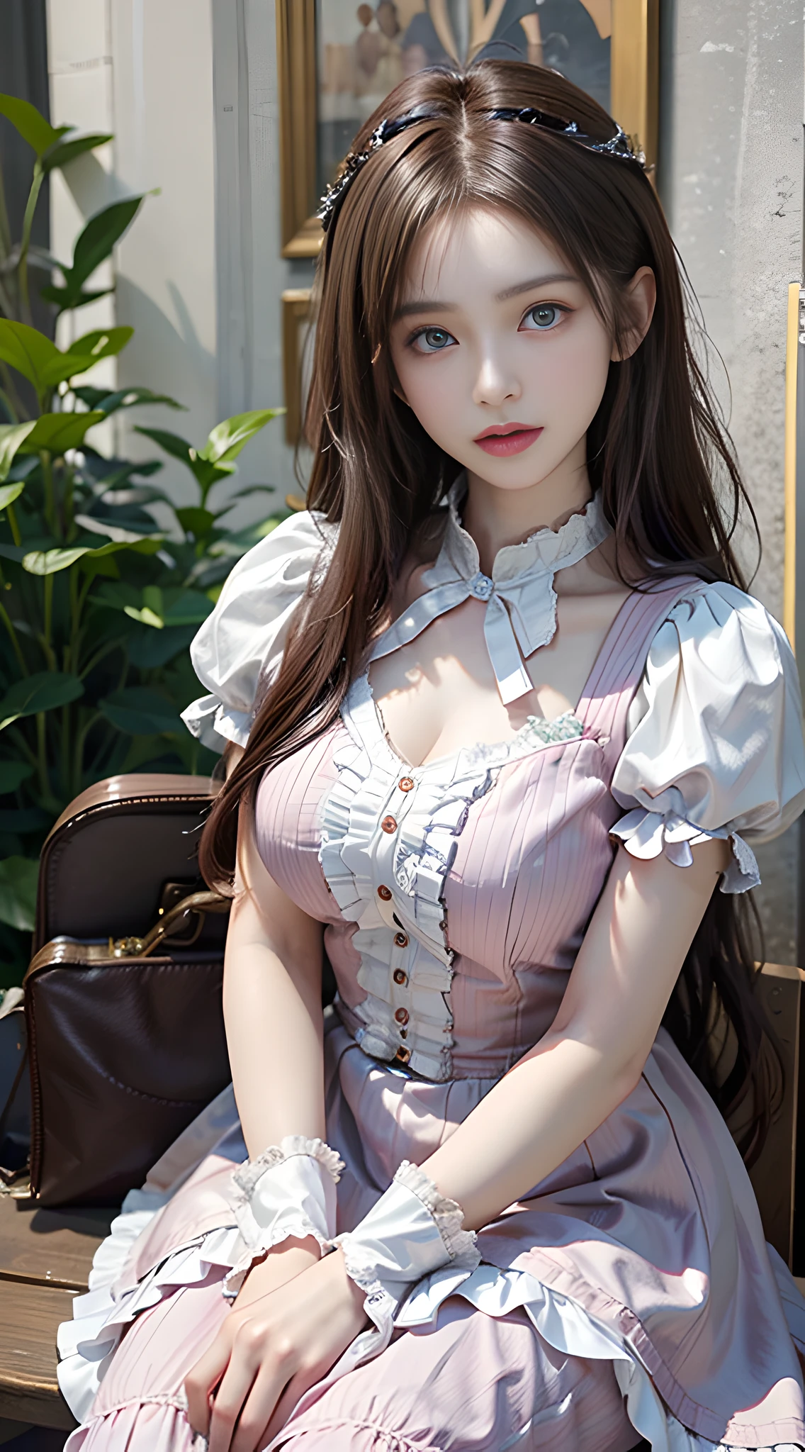 (masterpaintings),((Super meticulous)),(High detail CG illustration),(unexpressive),(beste-Quality:1.2),Realistic 8K UHD,Hi-Def,High quality texture,Intricate details,Detailed textures,filigree,high detailing,extremely details CG,Highqualityshadow,Realistic reproduction of the face,Detailed beautiful and delicate face,Detailed beautiful and delicate eyes,Brown pupils,perfect proportioned face,depth of field,Cinematic light,lens halo、raytrace、see‐through、20 yrs old、Prominent Nose、elongated face、Tall girl、(big-eyed eyes:1.2)、Blushlush、Glossy lips、perfect body figure、slimification、Particles of Light、(a narrow waist:1.3)、middlebreasts,Distinct_image,A high resolution,(shiny shiny skin),single focal,(brown hair),(Delicate beautiful eyes and detailed face),(Detailed face),(Striped hair),light source contrast,araffed woman sitting on a bench in a pink dress, victorian inspired clothing, frilly outfit, frilled blooming collar, wear shirt, frill, wearing 1890s era clothes, 8K)), pale fair skin!!, pale milky white porcelain skin, dream medium portrait top light, Dreamy style, fantasy style clothing, pale young ghost girl