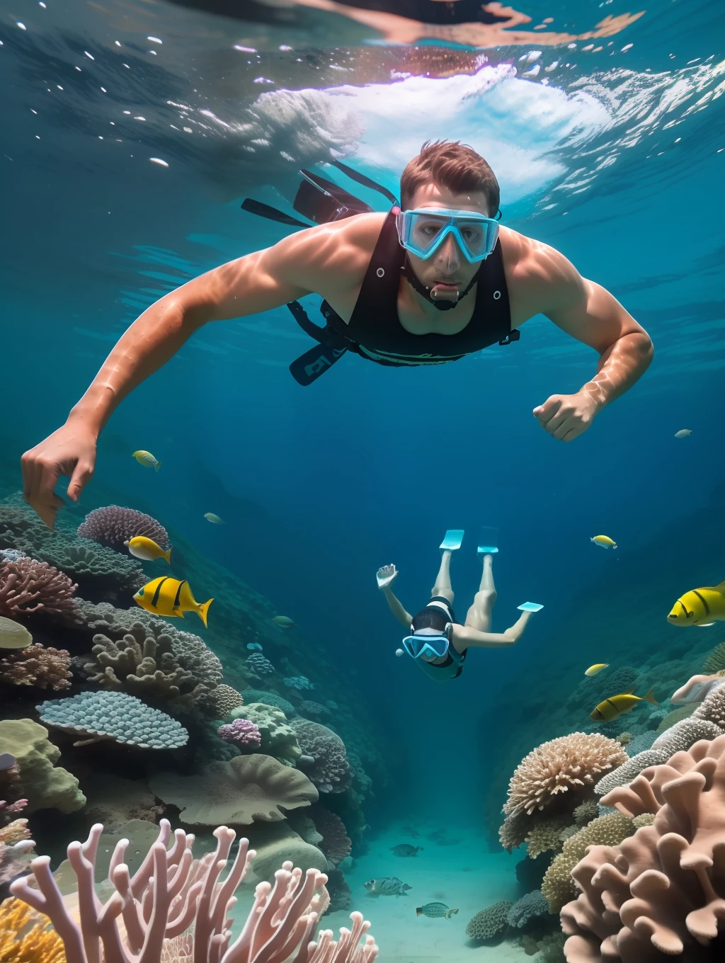 A full wide shot of a young Australian man with snorkeling gears dives after chitala fishes in a pool. bright pastel colors, cinematic comedy 8k --ar 16:9 --v 5.2 --s 750