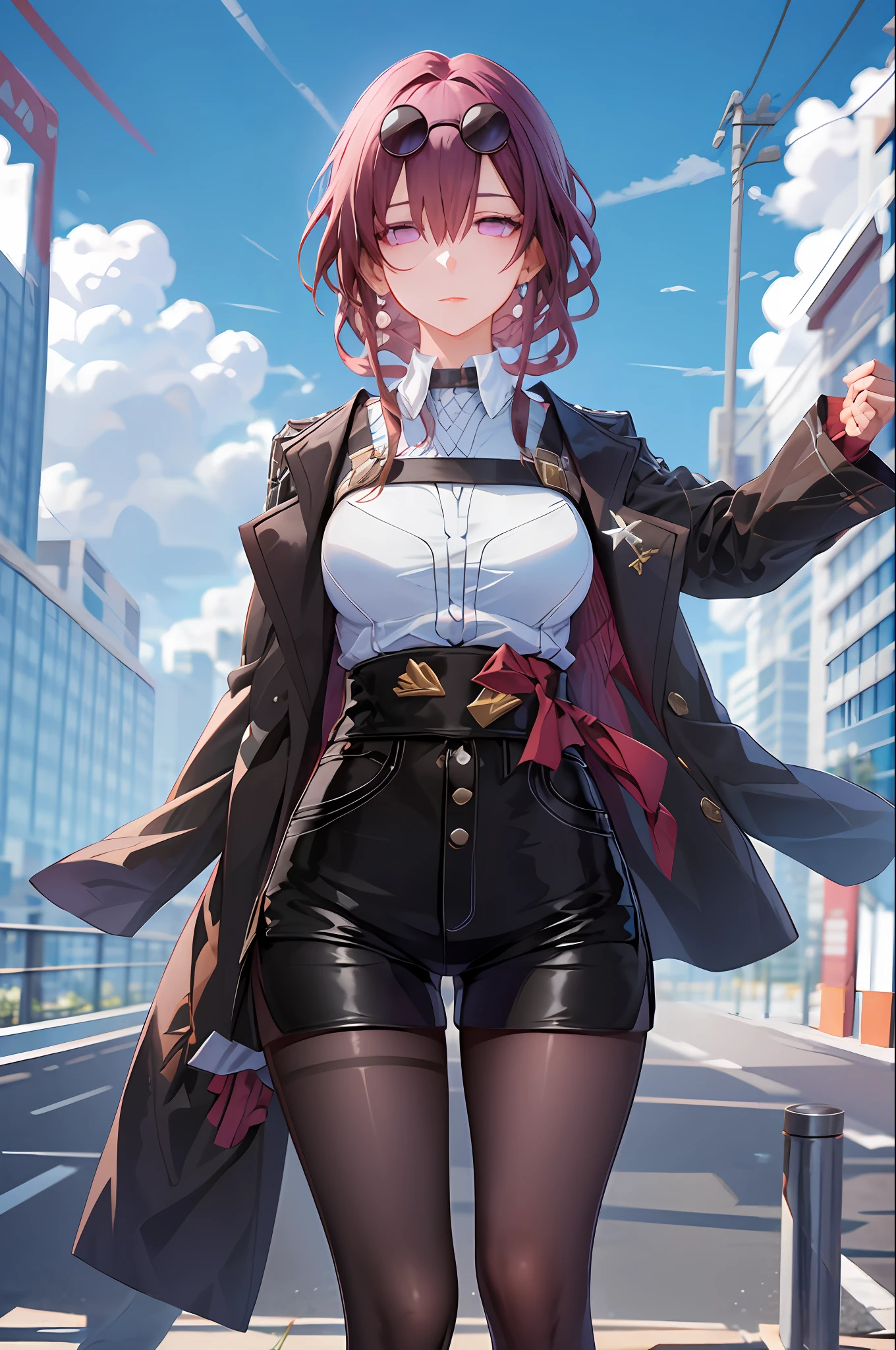masterpiece, best quality, 1girl, 1girl, official, black jacket, jacket on shoulders, shirt, shorts, pantyhose, eyewear on head, purple eyes, (empty eyes:1.2),