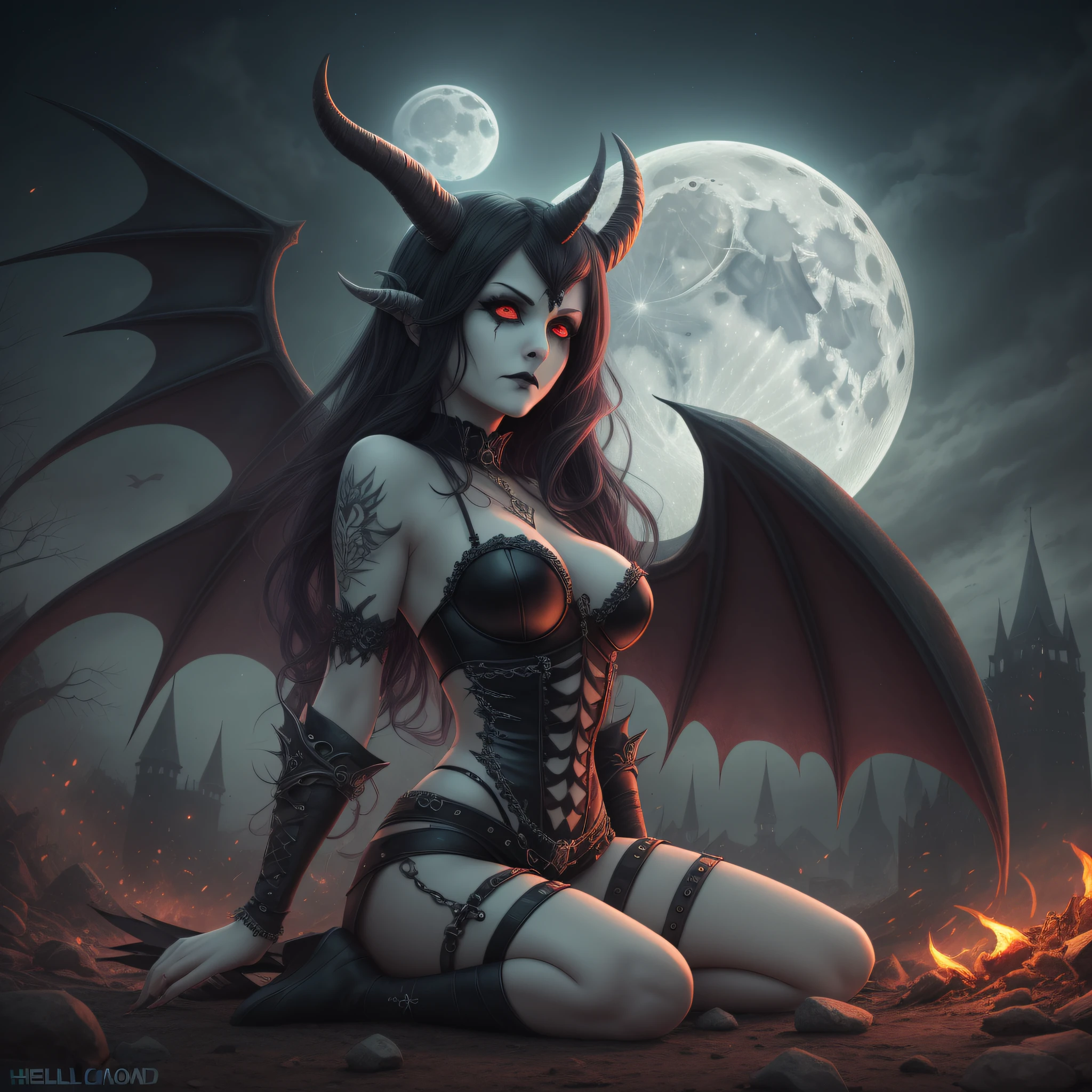 ((dedemon girl)),Succubus,horns,demon tail,huge demon wings,(red eyes),full of scars,Silver Ancient Armor,Take the whip,(Raven),(Skeleton on the ground),(Black Castle Background),(Hellfire),full moon,looking at another,
masterpiece,best quality,high quality,highres,absurdres,HDR,UHD,8K,Professional light,moon light,((Gothic style)),