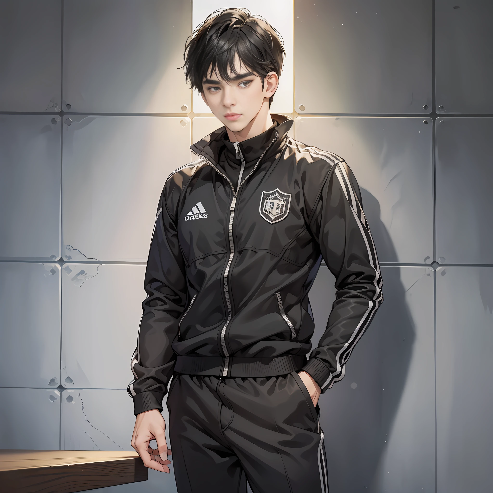 gentleman,brunette color hair,Black pupils,Dressed in black,On the chest is engraved the school emblem with two swords crossed,Sweaty hoodie with white trim on two sleeves,And a face that is clearly sleep-deprived --auto
