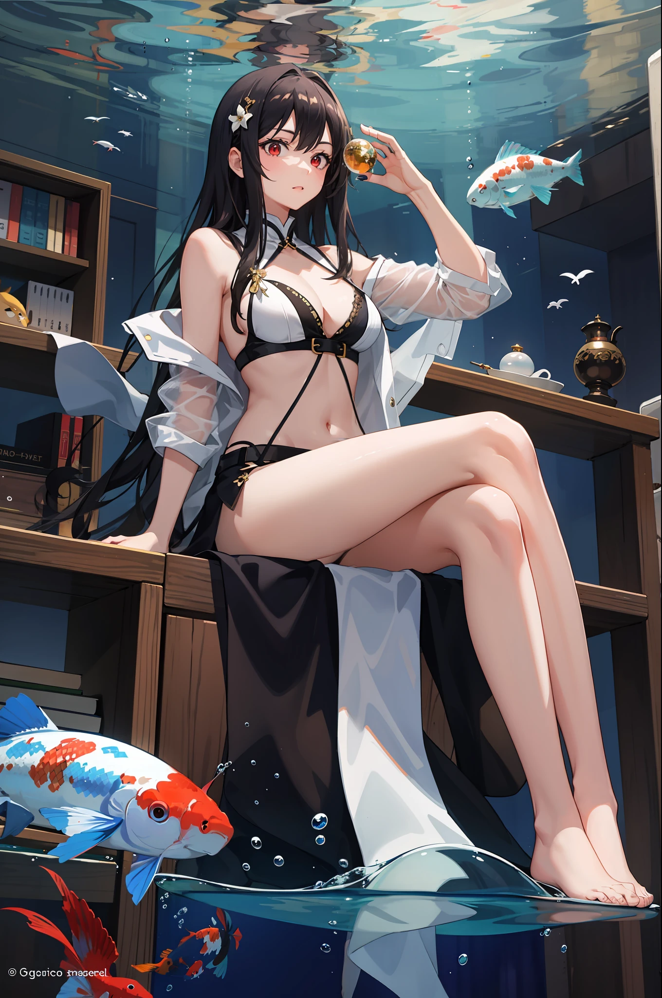 [（transparent background：1.5）：：5]，（（（tmasterpiece））），（（（best qualtiy））），（非常详细））），illustratio，1girll，独奏，mistic，vivd colour，shiny，Underwater transparent sealed hemispherical glass dome，whaite hair，red eyes，full bodyesbian，The barefoot，Long hair is calm and natural，Koi，under the water，domes，closeup cleavage，dynamic action，Lens perspective，（（（Box composition））），sit with legs crossed，Leaning against the bookshelf，Bigchest