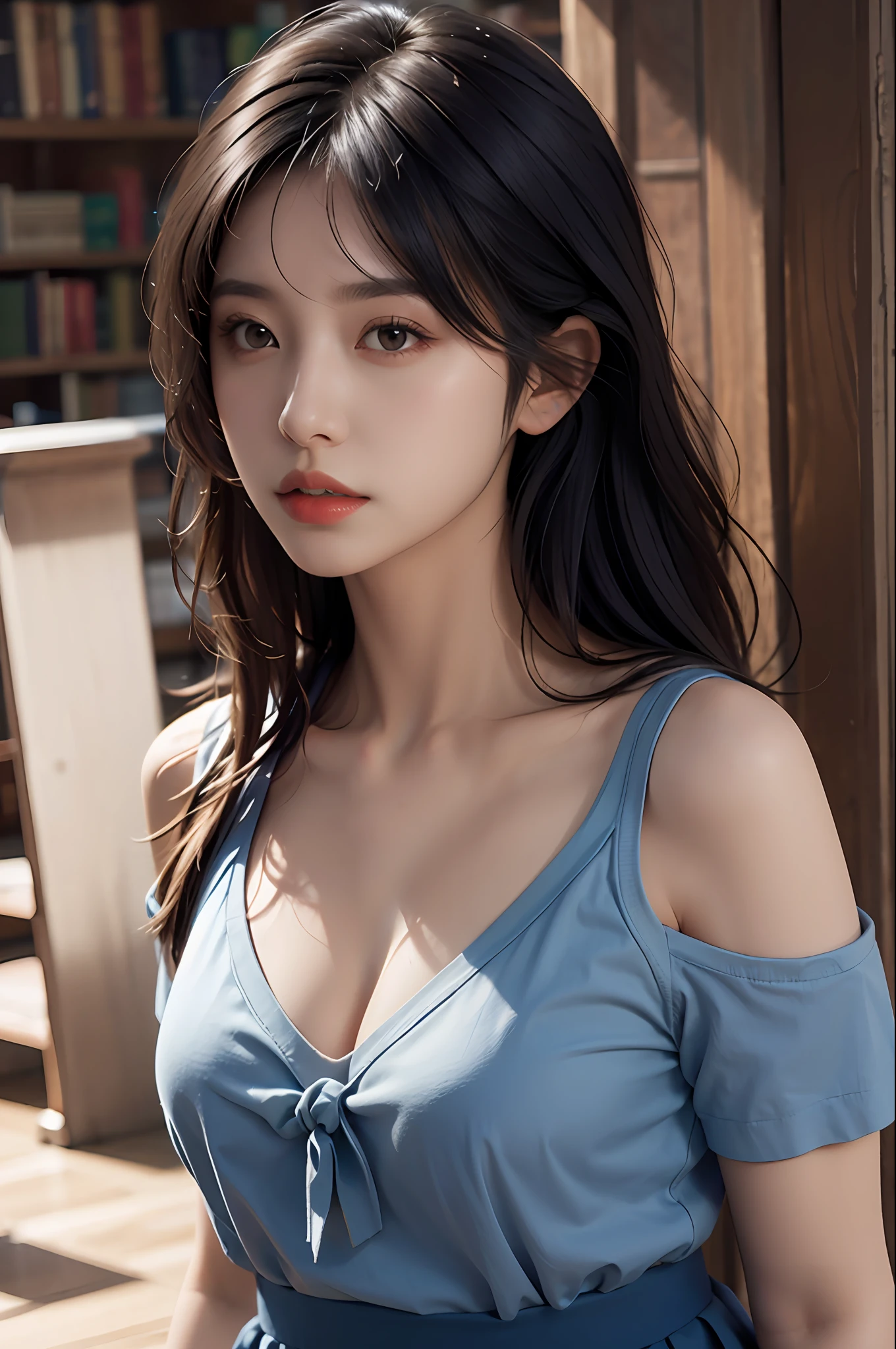 1girl,solo,(lshort-sleeved JK_sailor),JK_style,(dark blue JK_skirt),(bow JK_tie),(Inside the library:1.2),realistic,fully body,black hair,long hair,black eyes,lips,parted lips,collarbone,bare shoulders,portrait,nose,Best quality,masterpiece,ultra high res,(photorealistic:1.4),raw photo,