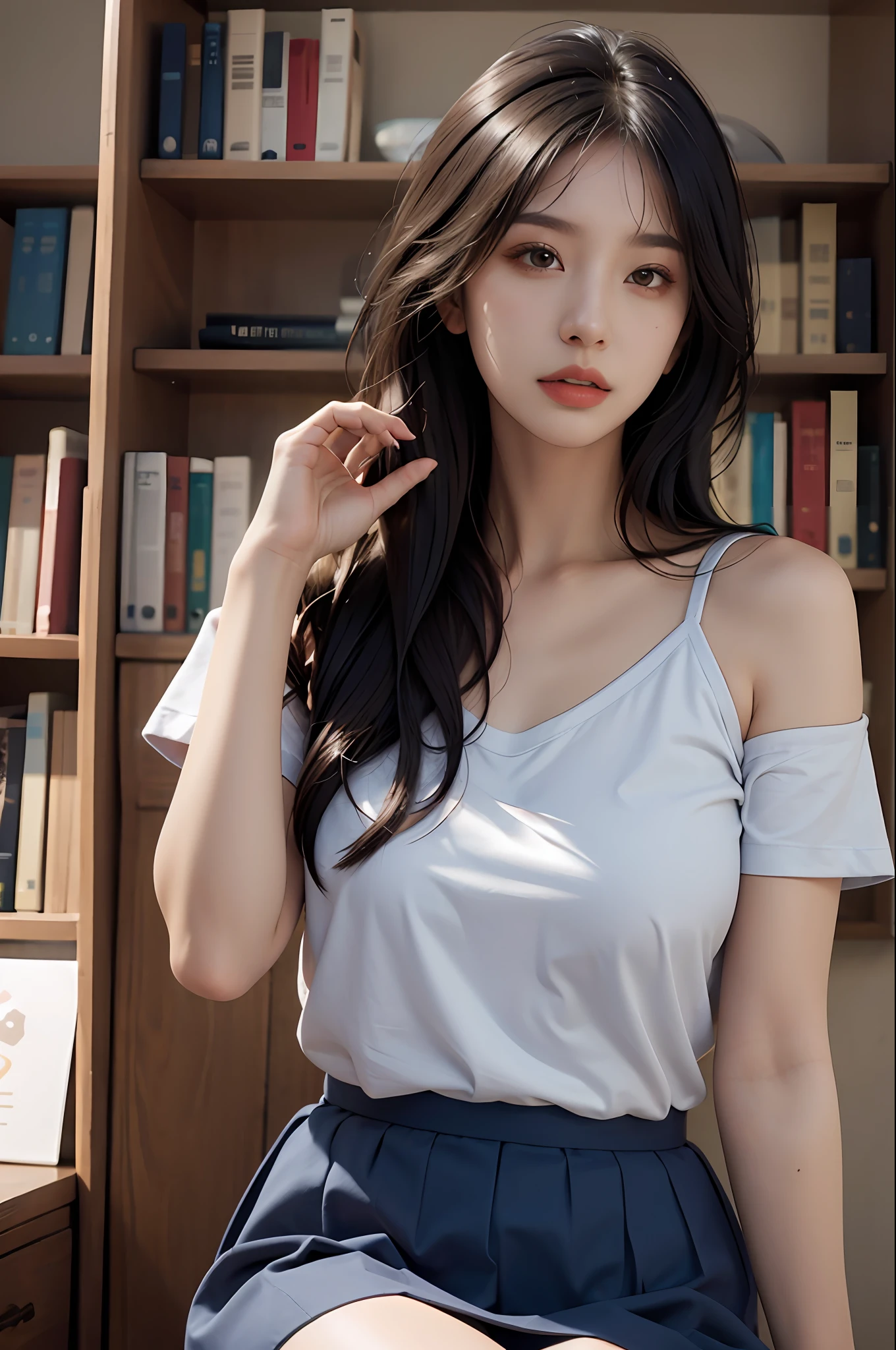 1girl,solo,(lshort-sleeved JK_sailor),JK_style,(dark blue JK_skirt),(bow JK_tie),(Inside the library:1.2),realistic,fully body,black hair,long hair,black eyes,lips,parted lips,collarbone,bare shoulders,portrait,nose,Best quality,masterpiece,ultra high res,(photorealistic:1.4),raw photo,