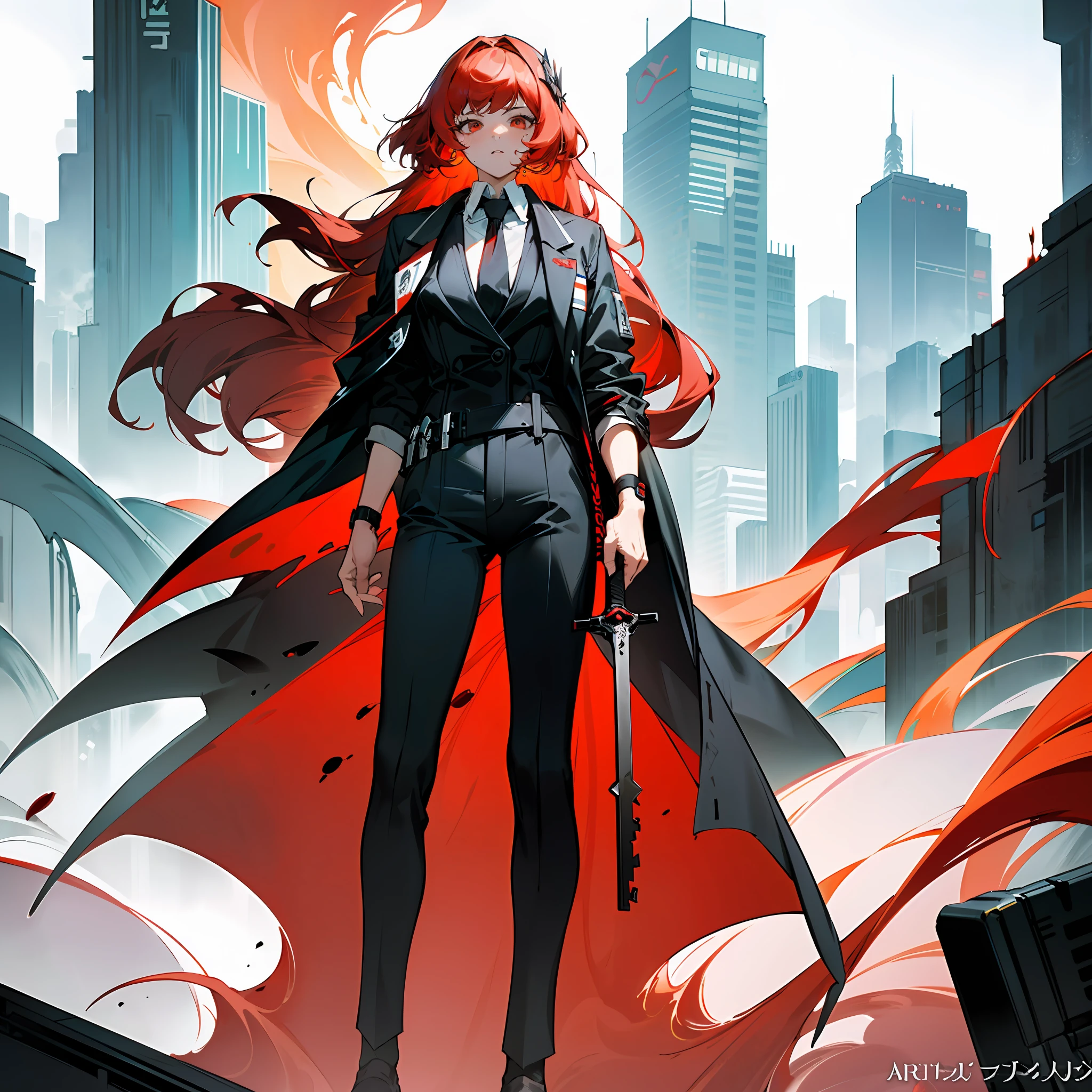 anime character with red hair and cape standing in front of a city, Guviz-style artwork, Digital cyberpunk anime art, anime cyberpunk art, Artgerm and Atey Ghailan, From Arknights, cyberpunk anime art, Anime cyberpunk moderno, cyberpunk anime girl, commission for high resolution, Epic anime style, Kushatt Krenz Key Art Women，Need，Impeccable，Tall and tall，Beautuful Women，warrioress，Blood-colored mist，（tmasterpiece，best qualtiy）， 1girll， 独奏， （（The long-haired， red tinted hair， In black suit，））， with black background， standing on your feet， flatcolors， red color eyes， Long knives， Black and white smoke， Rich colors， skyscrapper， urban backdrop，dystopian