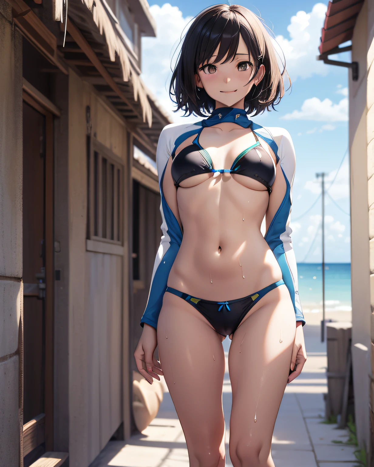 (High definition CGUnity 8k wallpaper), masutepiece, High resolution, Full body, , tanned beautiful girl, beautiful beach volleyball player, Short black hair, misaligned micro bikini, finely drawn pretty face, Shiny skin, Small breasts, free pose, with erect crotch, huge erect, holding with hand, in front of everyone, abdomen wet with, shame, Futanari, androgynous, pain, A smile、Look at viewers, seaside, Resort, white clouds, Blue sky