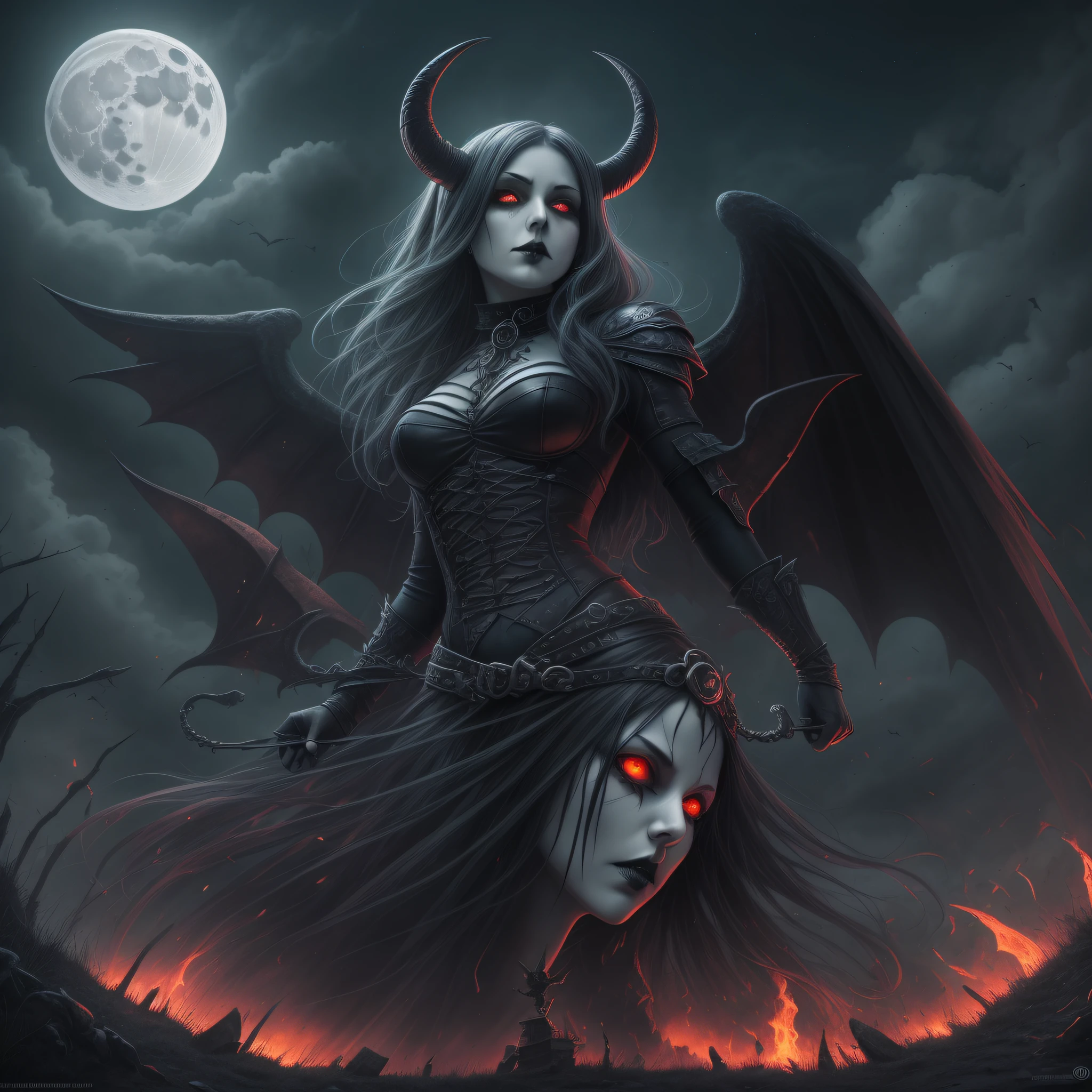 ((dedemon girl)),Succubus,horns,demon tail,huge demon wings,(red eyes),full of scars,Silver Ancient Armor,Take the whip,(Raven),(Skeleton on the ground),(Black Castle Background),(Hellfire),full moon,looking at another,
masterpiece,best quality,high quality,highres,absurdres,HDR,UHD,8K,Professional light,moon light,((Gothic style)),