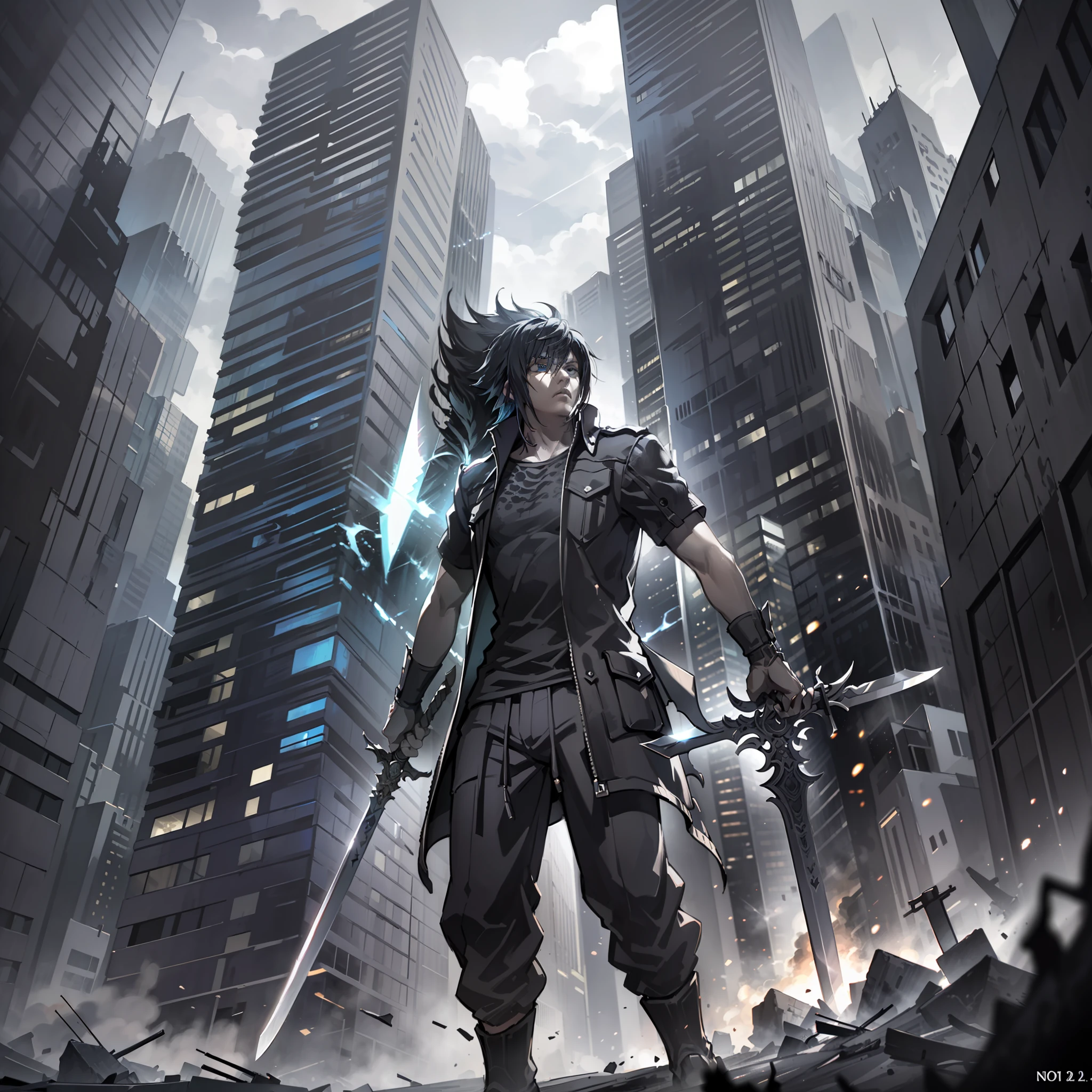 (dramatic), apocalyptic, immersive, (amazingly detailed), dynamic angle, (epic action scene), (struggling protagonist Noctis:1.3), (floating:1.2), (many swords:1.2+axes+spears flying:1.2)*1.2, (destruction around:1.3), (Honkai beasts:0.9 defeated:0.9), (cityscape in chaos:1.2), (moody atmosphere:1.2), (dark and gritty tone:1.2), (dramatic lighting:1.1)