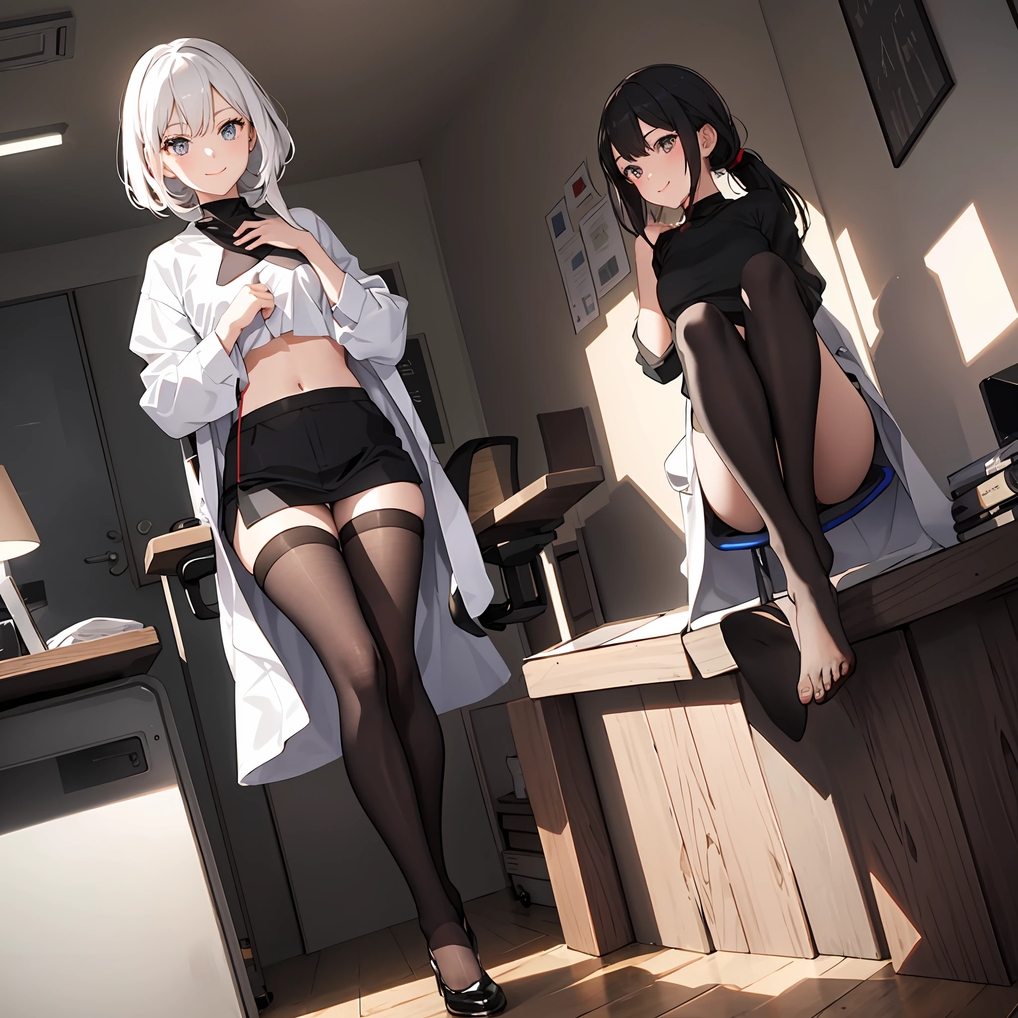 White hair,long white hair, Draped hair, no ponytail girls, White lab coat, The shirt inside is black cotton, Moderately small breasts, head-up to the camera, Facing the camera, In a dark room,The girl sat in a black office chair, with her hands folded on her chest, Legs exposed with black all-inclusive stockings, With a smiling emoji, And her left foot on her right foot and her right foot on the ground correct limbs,There is a bunch of flashing displays behind the girl,The display is on a black desk