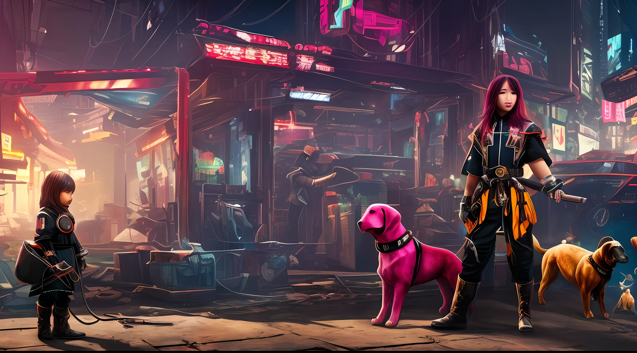 夏天, with pistol,Red and black uniform,The long-haired,A pink-haired,Cyberpunk,Steam World,Mechanical dog pets,4K HD graphics,CG diagram --auto