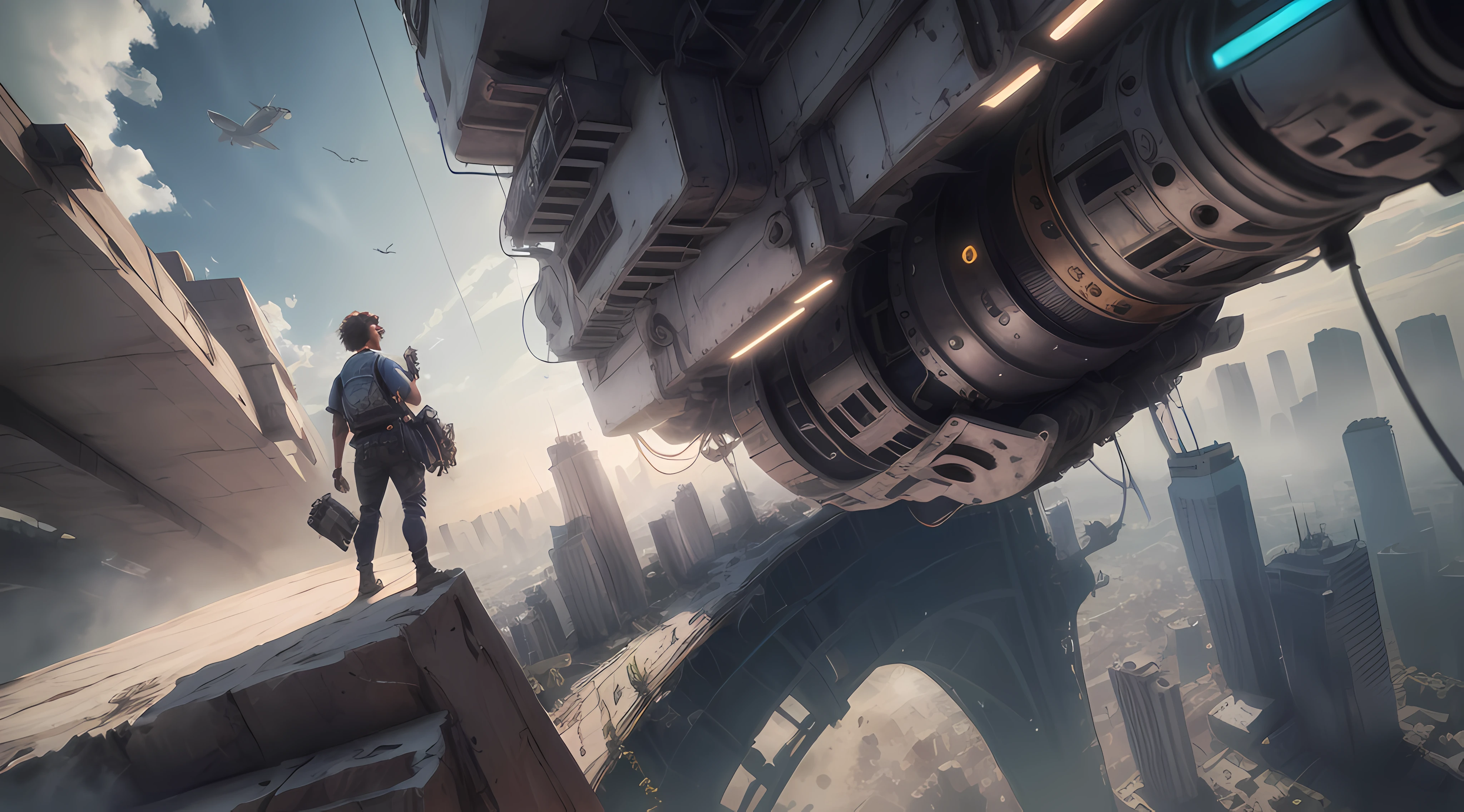 There's a man standing on a ledge with a backpack, 3 d render bipe, cinematic beeple, Realismo | Bipe, Artgem e Beeple Masterpiece, Beeple e Tim Hildebrandt, cinematic photograph concept art, em estilo de bipe, inspirado em Beeple, Beeple e Greg Rutkowski, detalhes intrincados, 16k, materiais realistas, pbr, IOR, especular, dramatic light,