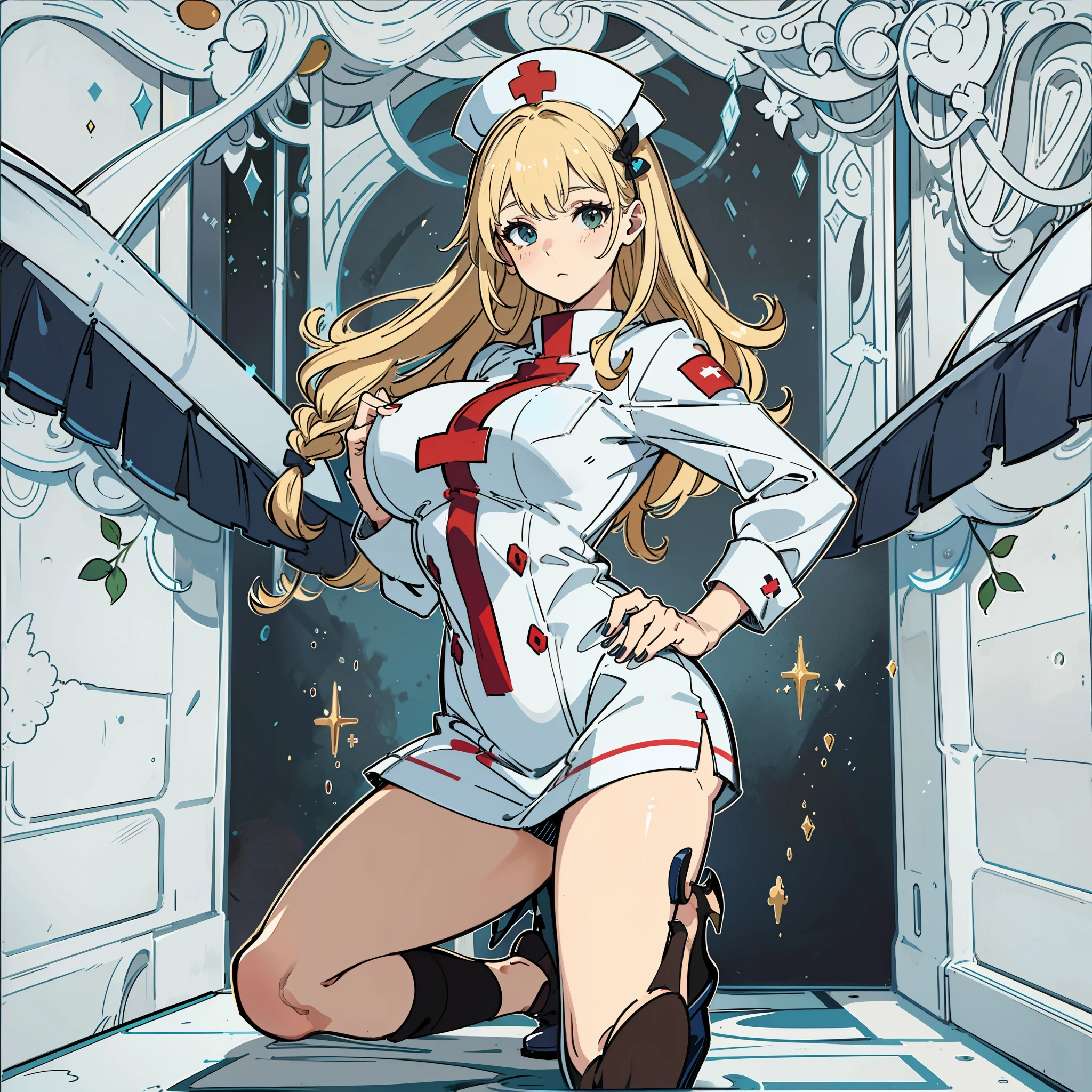 (white nurse outfit,white nurse outfit,stocklings,Wear high heels,Blonde Beautiful Girl),Very sexy pose,Rich hairstyles,Multiple hairstyles,Abundant body movements,Abundant hand movements,A variety of hair accessories,