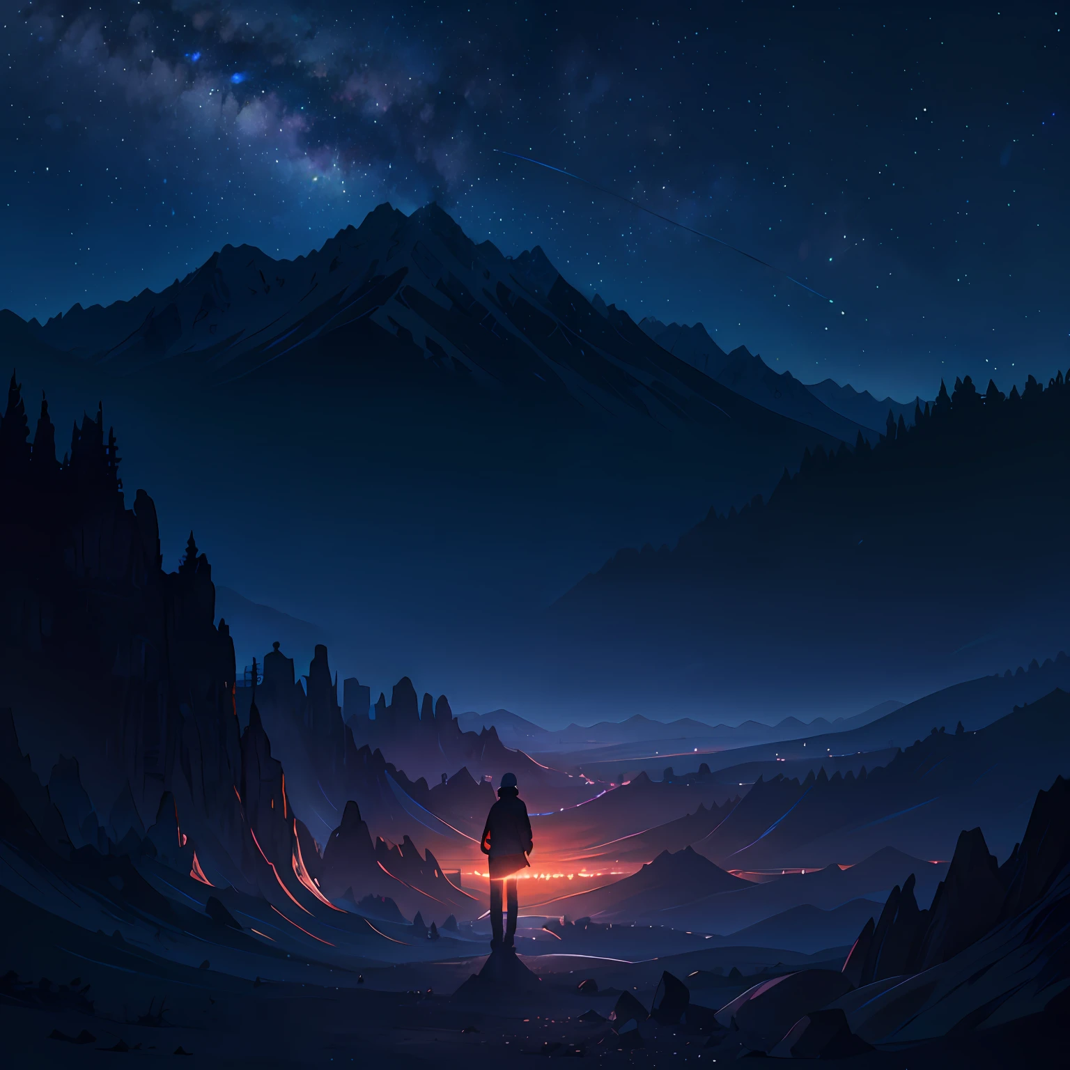 deep in the night,Desert,Gravel piles,Low mountains in the distance,1人,Straight down the beam of light,nigth,超高分辨率,dark themes ,Pillar of light --auto