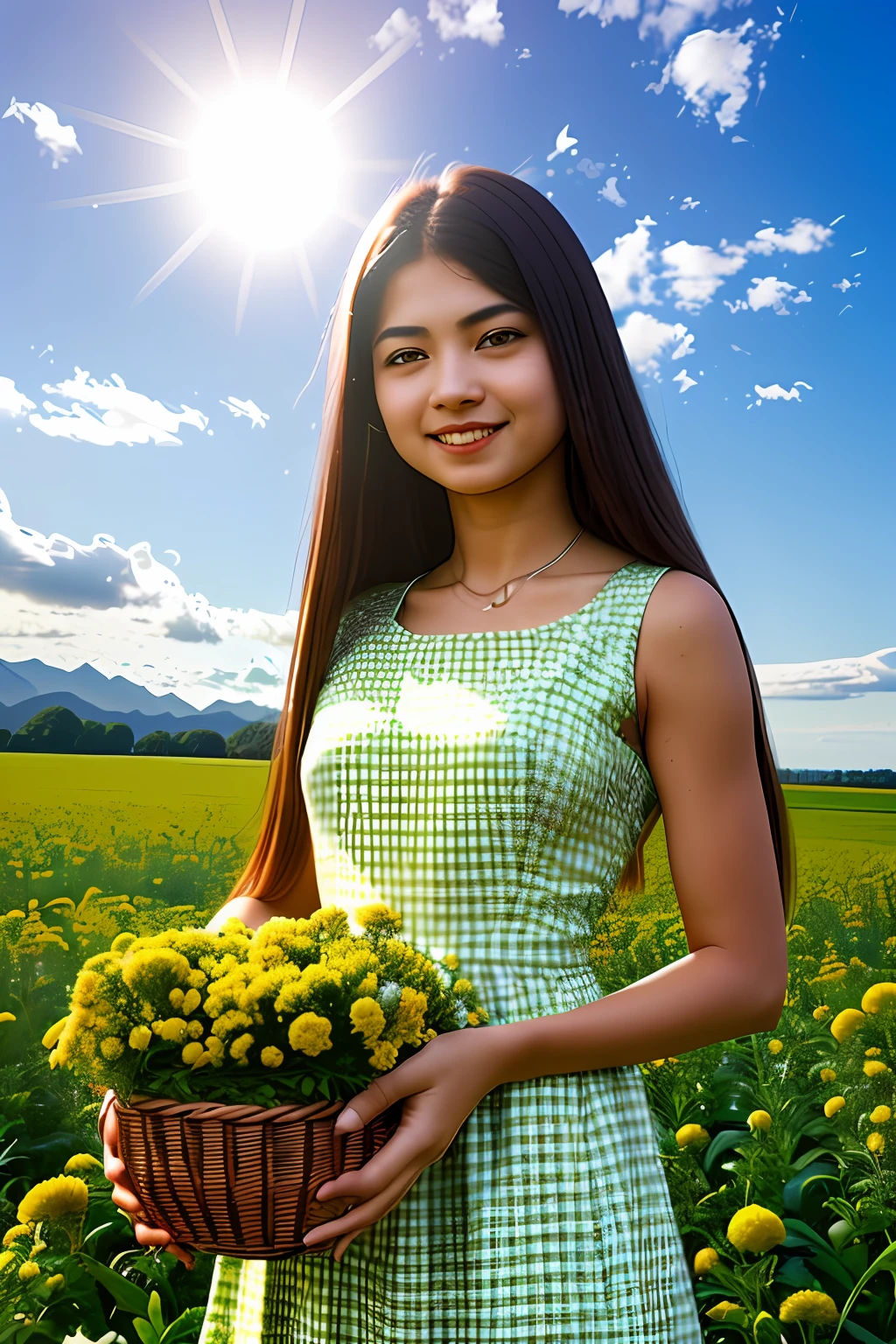 A girl with a basket of flowers and the background is sun set and realastic with some greenry and this girl wear a long frock