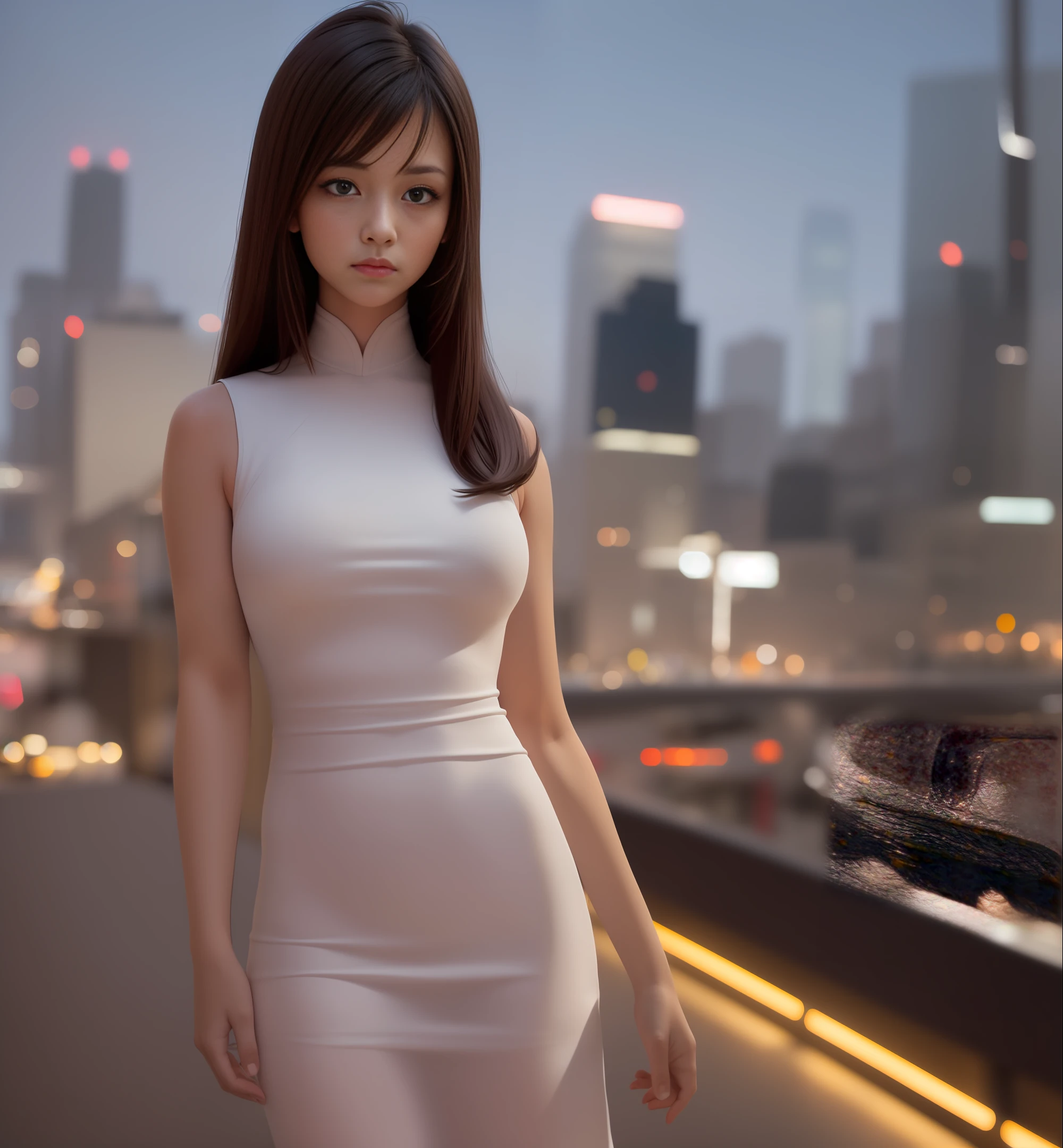 ((Midnight, Acura, 8K, Masterpiece: 1.3)), Full body, Long legs, Focal length: 1.2, Perfect Body Beauty: 1.4, Slim Abs: 1.1, ((Dark Brown Hair, Big Breasts: 1.5)), (White Skinny T-shirt, Denim Biggets, Standing: 1.2), ((City Night View, Roof: 1.3)), Highly detailed face and skin texture, Detailed eyes, Double eyelids