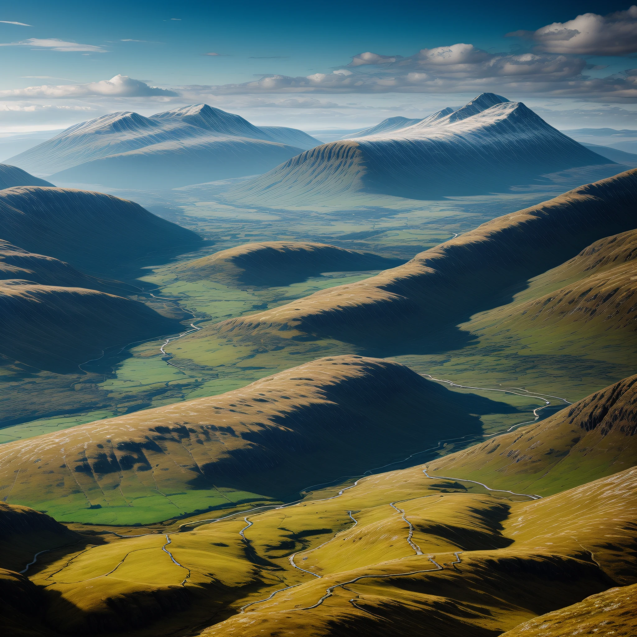 create the mountains and valleys of Scotland , masterpiece, hyper realistic, hd, 8k