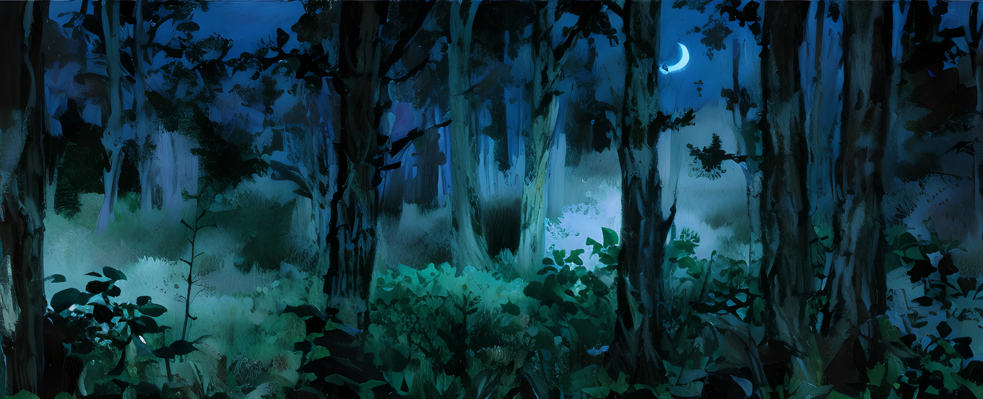 Moon light (((creepy night, mist)))(((blue cool tones))), Oil painting, detailed and intricate, of a dense jungle filled with exotic plants, moon light, (((night creepy, mist))). In the style of Yoshitaka Amano and Hayao Miyazaki, masterpiece, proportional, detailed, trending on artstation, beautiful lighting, realistic, intricate, award winning, 4k, highest quality Award-winning, 4K digital painting in the style of Yoshitaka Amano. Detailed and intricate depiction of a zombie apocalypse, masterfully capturing the chaos and drama of the scene. Beautiful lighting and cinematic composition make this piece a true masterpiece