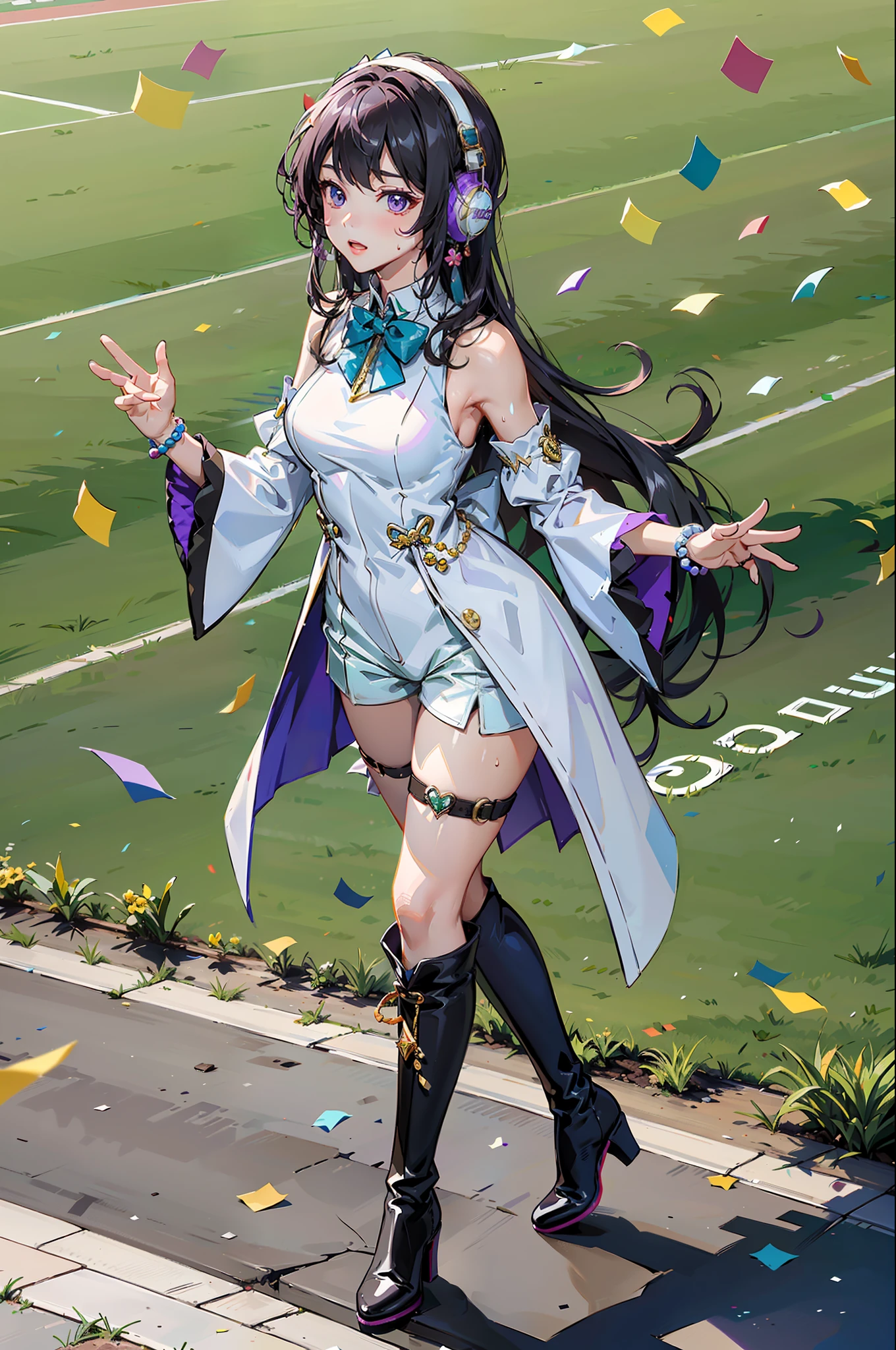 The masterpiece-level Narita circuit is combined with grass and a stadium。Colorful confetti spilled，The figure is standing，Beads of sweat，Hands raised are moving。Photographic overlook，Wear earmuffs，Hair accessories brooch embellishment，Wearing a sleeveless white dress，Paired with long purple sleeves, split sleeves，White bow at neck，The glove shape is different，The mismatch of black and white gloves makes the shoulders hollow and fluffy，Dress underneath shorts and versatile thigh straps, paired with knee-length boots and purple shoes，Unique。