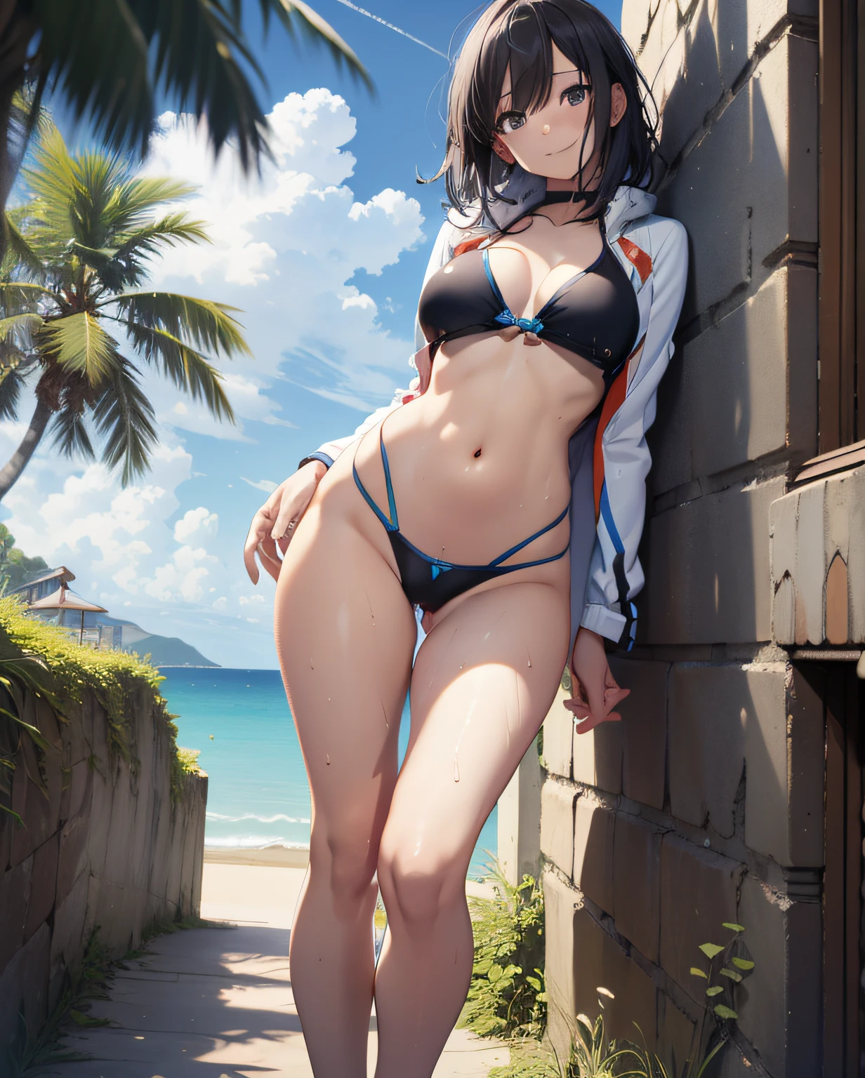 (High definition CGUnity 8k wallpaper), masutepiece, High resolution, Full body, 15 years old, tanned beautiful girl, beautiful beach volleyball player, Short black hair, misaligned micro bikini, finely drawn pretty face, Shiny skin, Small breasts, free pose, with erect crotch, huge erect, holding with hand, in front of everyone, abdomen wet with, Shame, Futanari, androgynous, pain, a smile、Look at viewers, seaside, Resort, white clouds, Blue sky