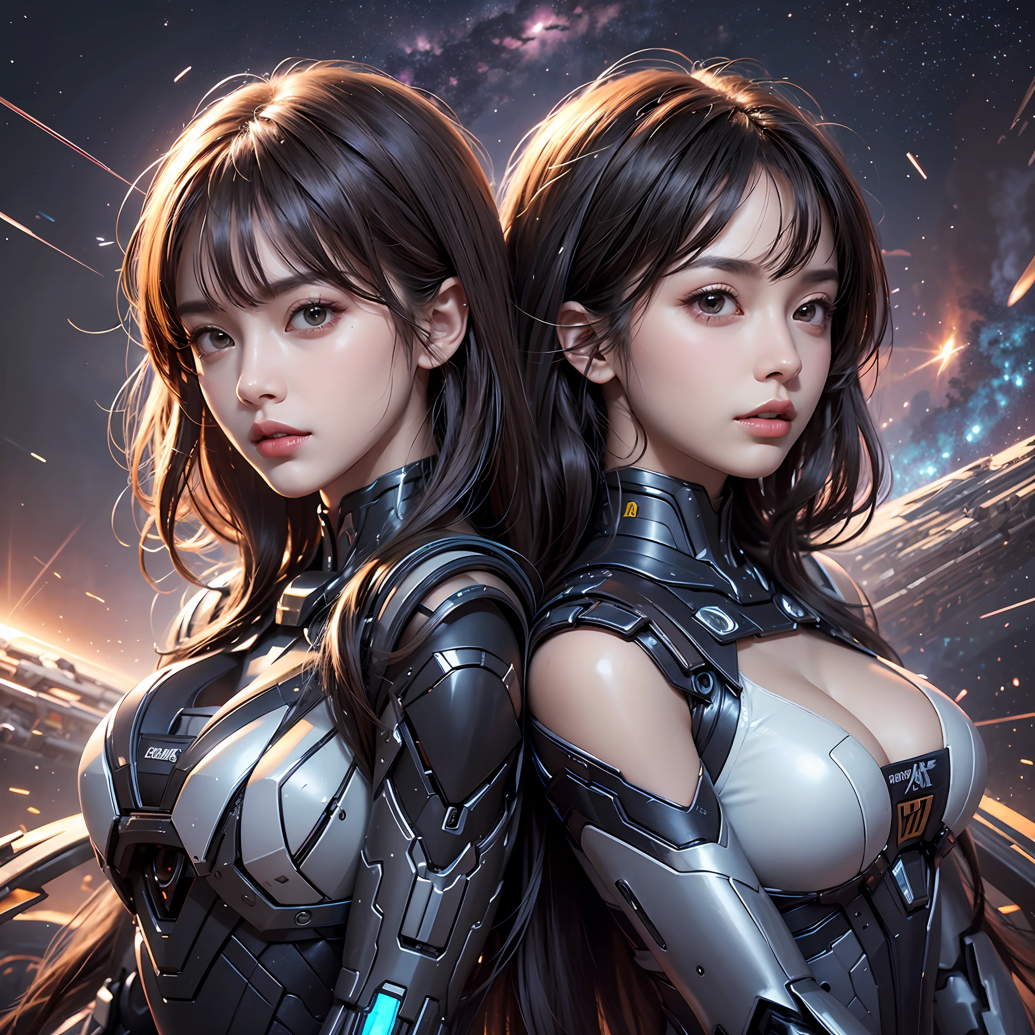 twins，2girls，，Goose egg face，largeeyes，long eyelasher，With bangs，Cool handsome，Domineering，Exquisite（live-action realistic style），Ultimate face，Photorealistic light and shadow，Star-like eyes，（hair flowing），Upper body background，nedium breasts，Swan neck，big breasts beautiful，Extremely high quality，Cinematic graphics，High quality CG，8K分辨率，Mecha，Jump，（（dynamicposes）Sit together），（Super detail），shift dresses:1.1，Dark planet background，space，Constant lightning，Dramatic scenes，NSFW：1.07