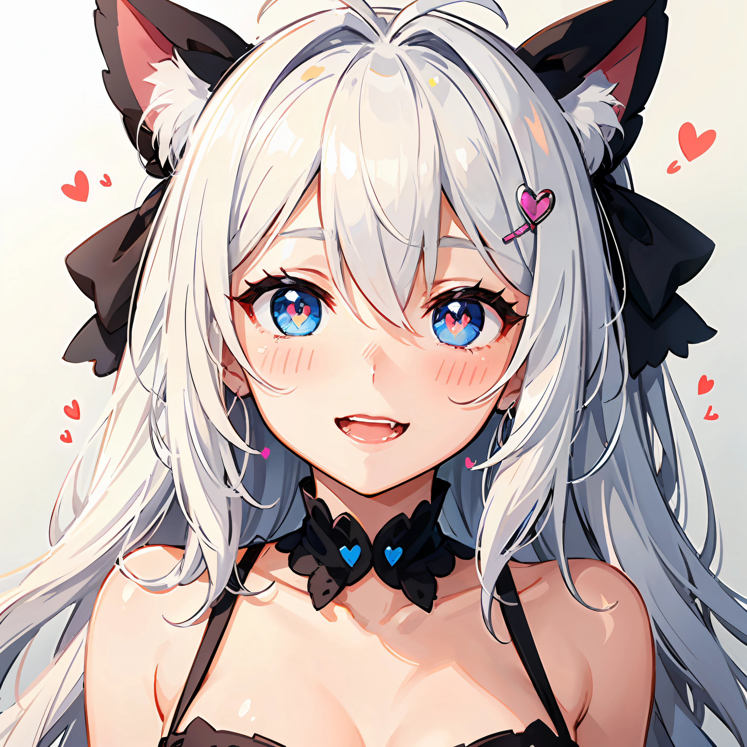 Hair Bow, cat hair ornament, Striped hair, White hair, Antenna hair, hair flaps, Heart-shaped pupils, excited, verbal invitation, full blush, Seductive smile, hearts in eyes, Drooling, saliva, Close-up, hyper HD