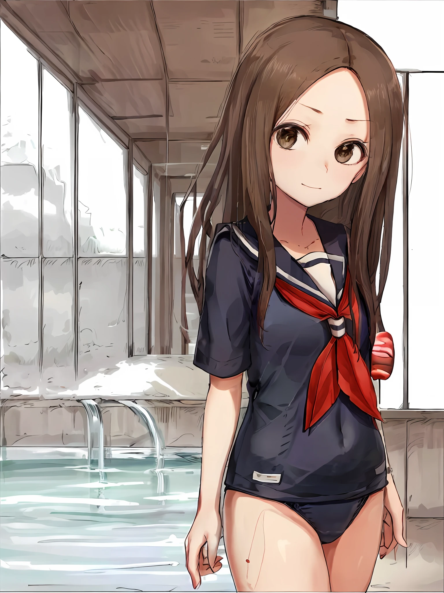 巨作, Best quality, takagi-san, serafuku, bare forehead, Long_Hair, brown_eyes,brown_Hair,short_Sleeves,Red_neckerchief, Swimsuit, sports swimsuit, camel-toe, White swimsuit, Pool, School swim wear, takagi1