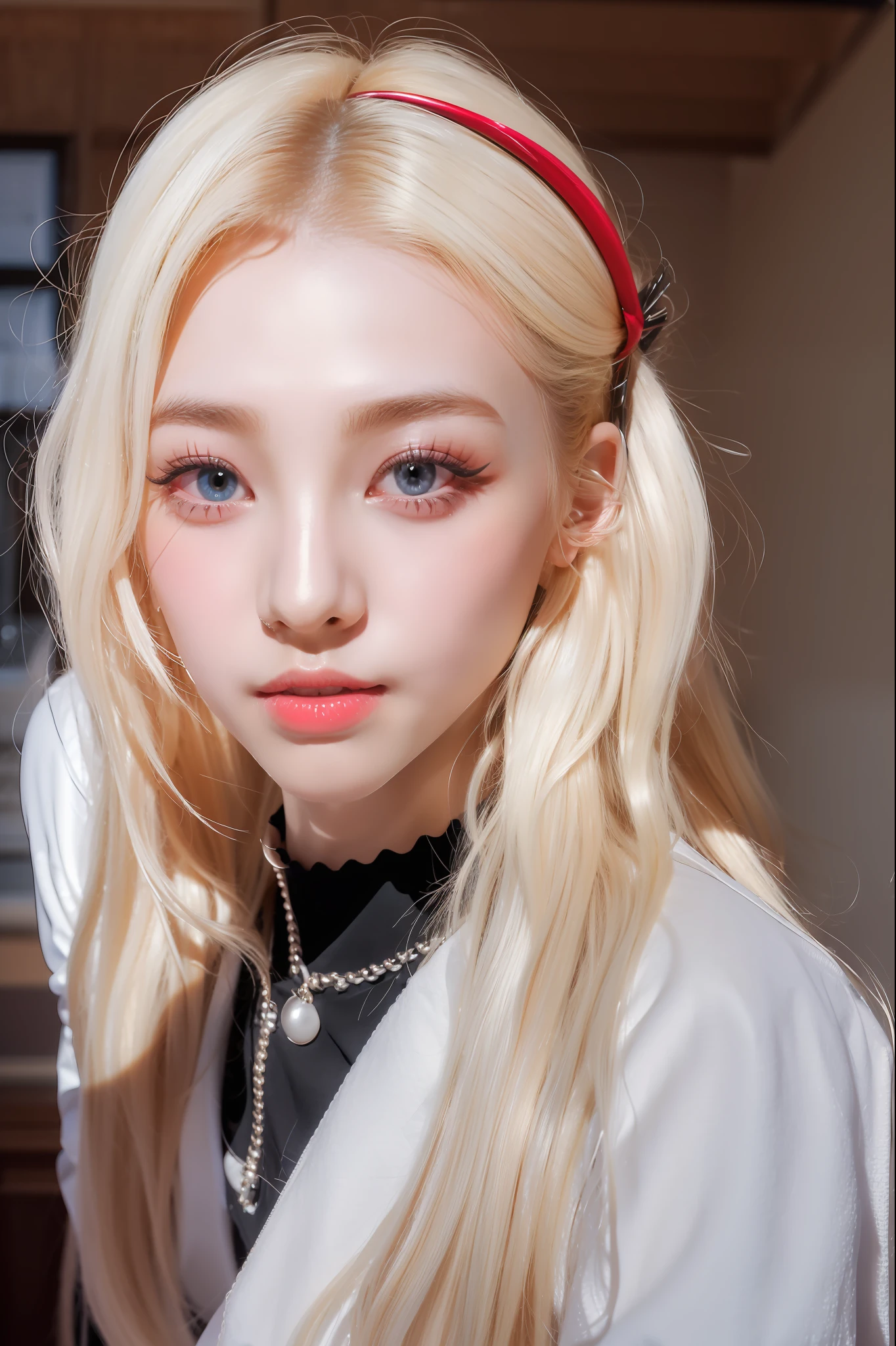 (8k, 4k, best quality, highres, ultra high res:1.1), (masterpiece, realistic, photo-realistic:1.1), 1girl,  face, close-up, twintails, blonde hair, black eyes, red lips,  (looking at viewer:2), absurdly long hair, long eyelashes, eyeshadow,  small face, big eyes,
bare shoulders,
high contrast,