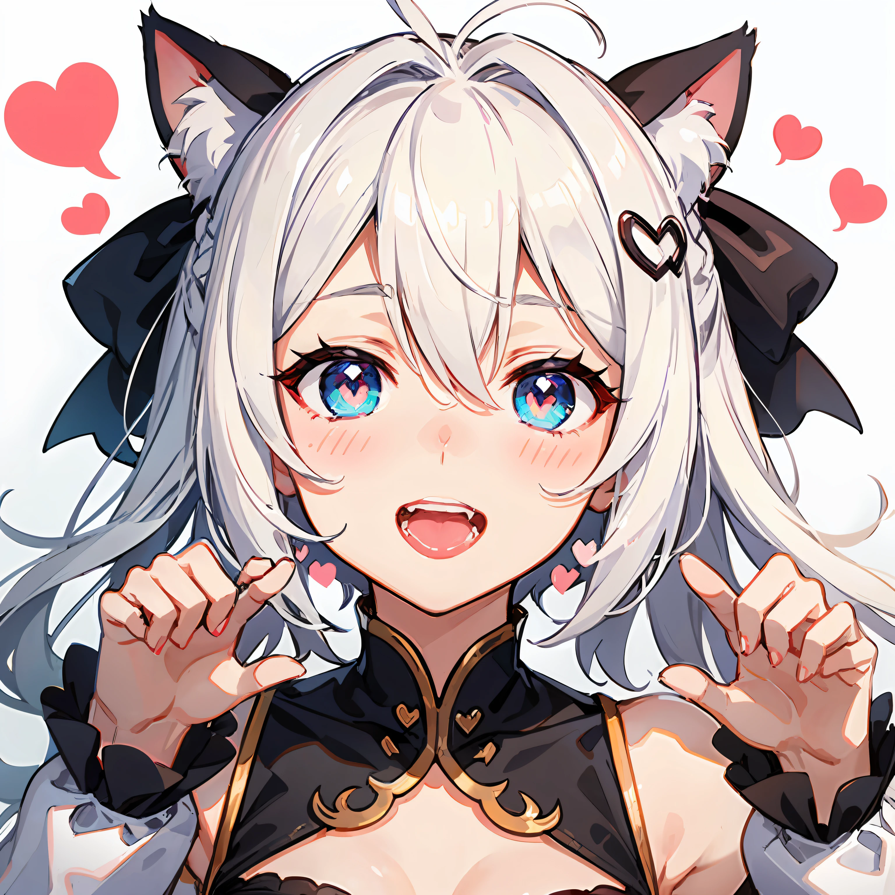 Hair Bow, cat hair ornament, Striped hair, White hair, Antenna hair, hair flaps, Heart-shaped pupils, excited, verbal invitation, full blush, Seductive smile, hearts in eyes, Drooling, saliva, Close-up, hyper HD