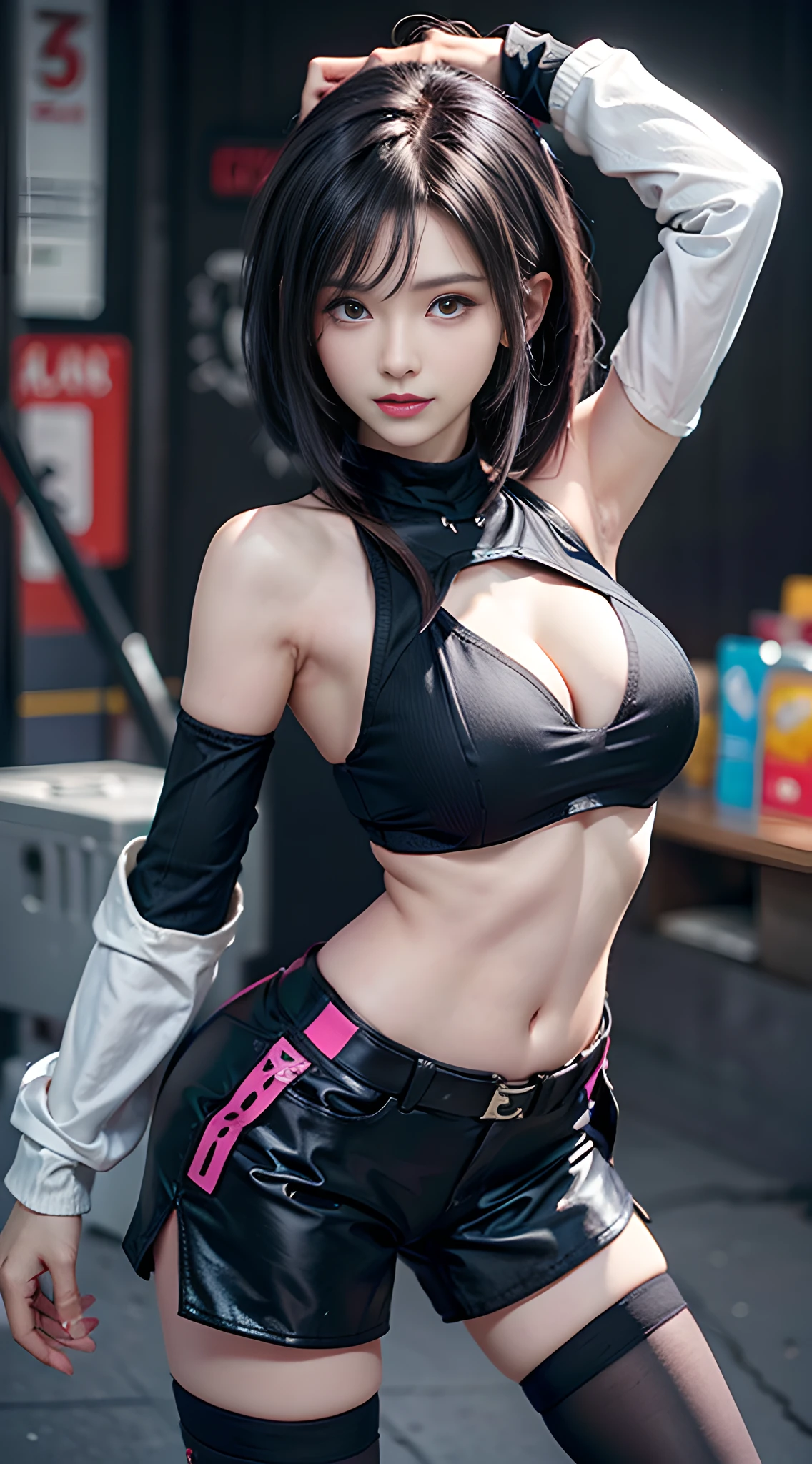 1girl, 独奏, cleavage of the breast, looking ath the viewer, lucy (cyberpunked), Short Hair Hair, naked shoulders, jaket, high leotard, Open clothes, Open jacket, By bangs, Exposed shoulder, upshorts, gray hairs, Parting lips, Large breasts, With gray eyes,Arms up,White shorts,long sleeves,Cover the navel,thighghighs,White jacket,black leotard,high legs,Cropped jacket,Sleeveless turtleneck tights,upshorts,middlebreasts,blury,cow-boy shot,thighghighs,black thighigs,Thigh-high tights,Colored hair,High-neck tights,Hip vents,waist belt,Sleeveless,8K分辨率,The background is a cyberpunk neon city。