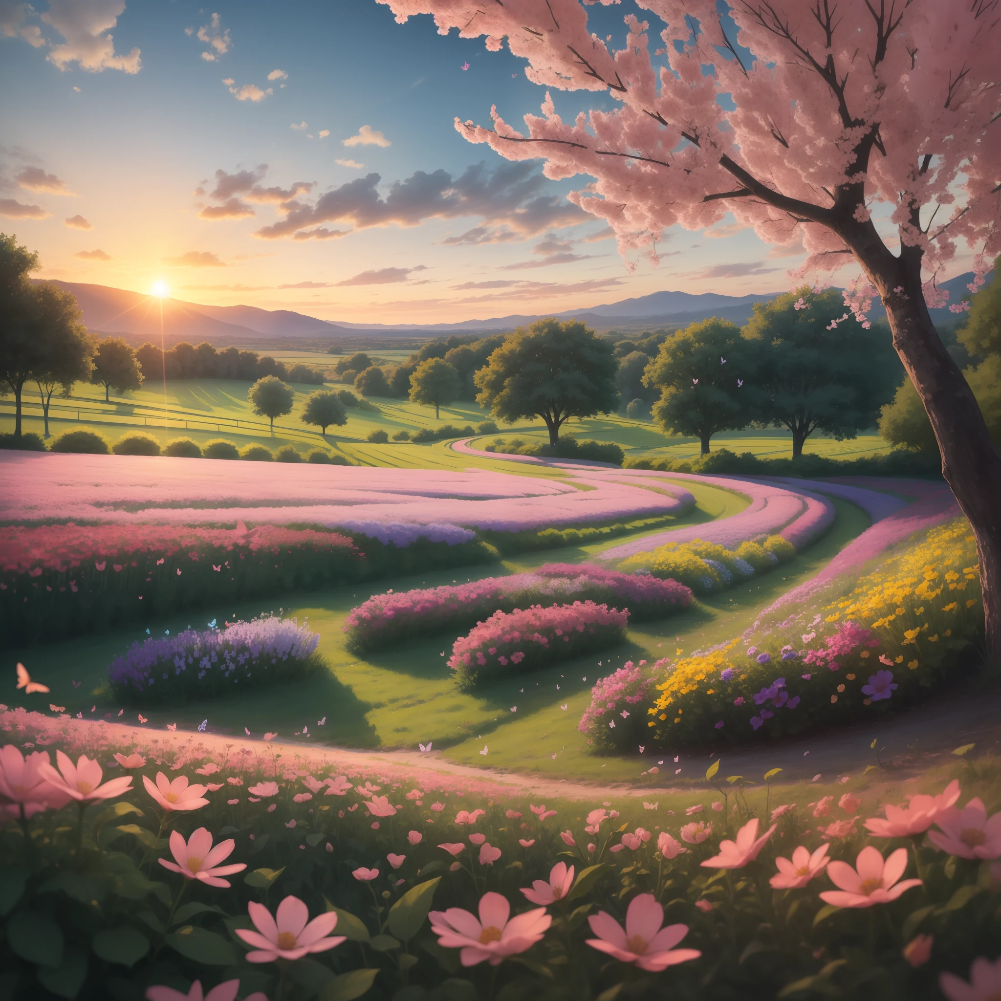 Field of flowers butterflies cherry tree sunset