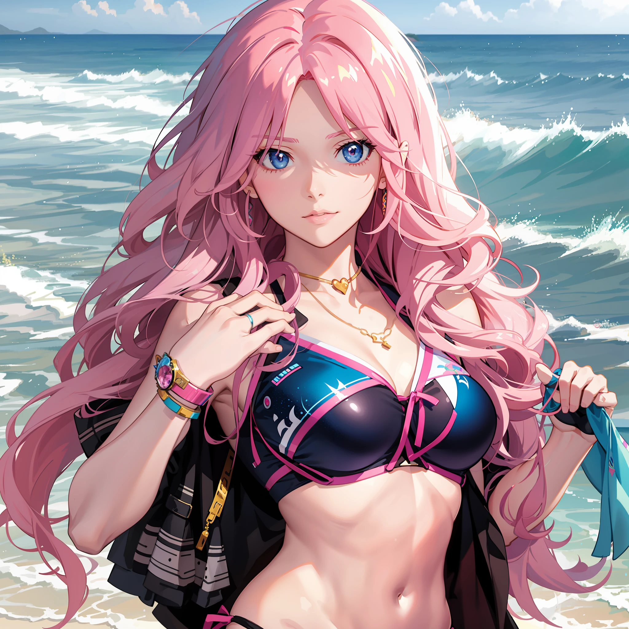 there is a woman with pink hair and a blue bikini on the beach, Guviz-style artwork, realistic anime artstyle, Digital anime art, anime styled digital art, IG model | Art germ, Anime style. 8K, Deviantart ArtStation CGSCOSIETY, Digital anime illustration, Detailed digital anime art, seductive anime girls