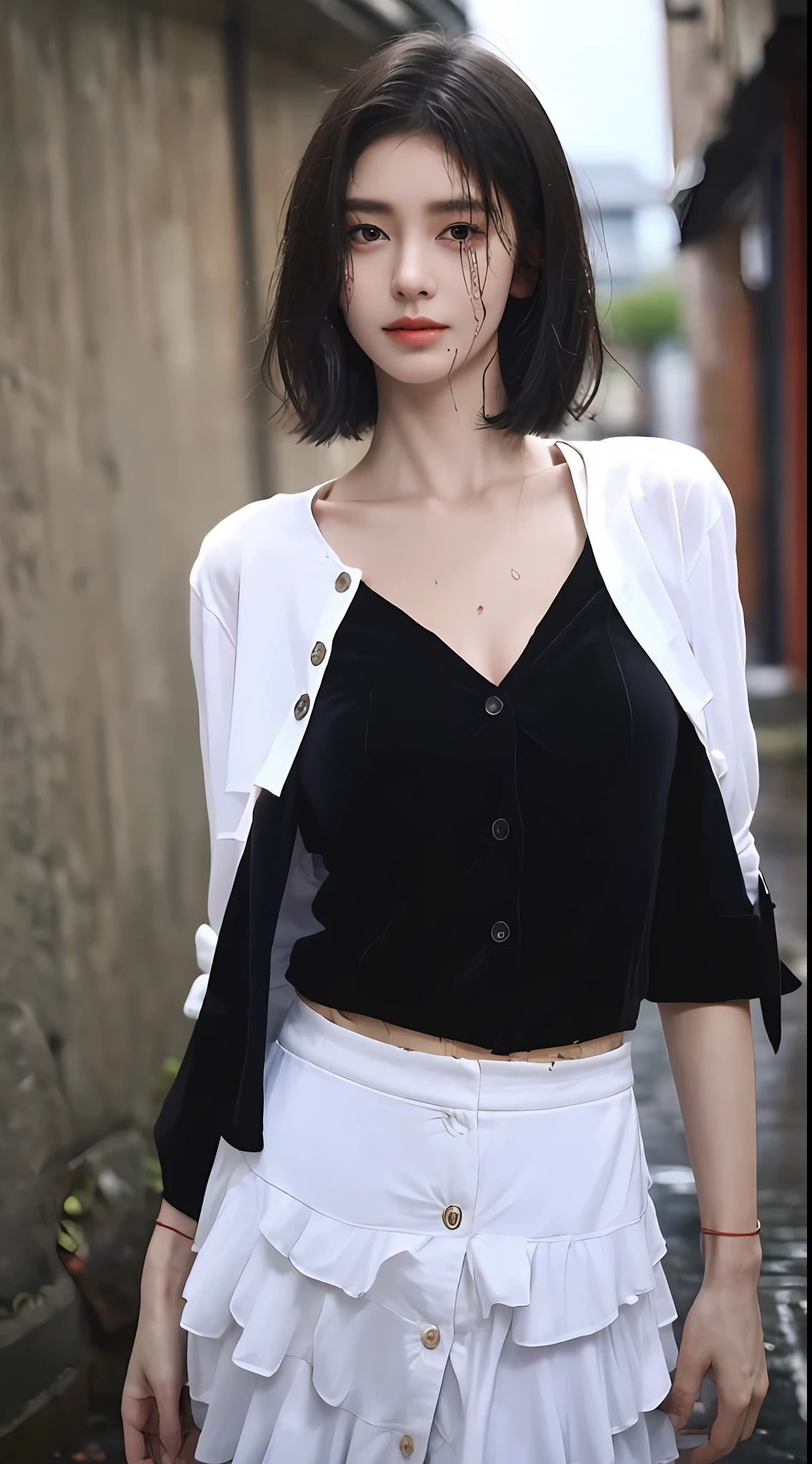 ((Best quality, 8k, Masterpiece :1.3)), Sharp focus :1.2, A pretty woman with perfect figure :1.4, Slender abs :1.2, ((Layered haircut, Big breasts :1.2)), (Wet white button up long shirt :1.1), (Rain, Street:1.2), Wet body :1.5, Highly detailed face and skin texture, Detailed eyes, Double eyelid