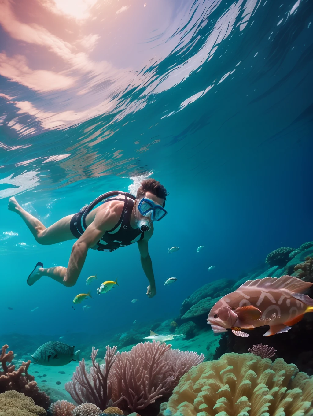 A full wide shot of a young Brazilian man with snorkeling gears dives after chitala fishes in a pool. bright pastel colors, cinematic comedy 8k --ar 16:9 --v 5.2 --s 750