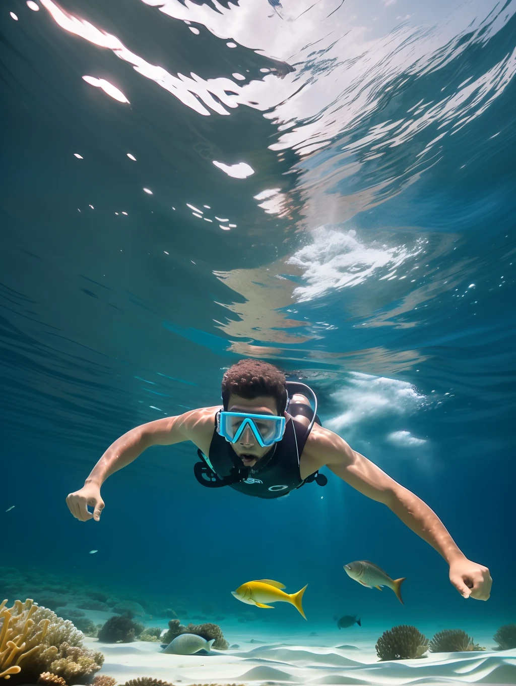 A full wide shot of a young Brazilian man with snorkeling gears dives after chitala fishes in a pool. bright pastel colors, cinematic comedy 8k --ar 16:9 --v 5.2 --s 750